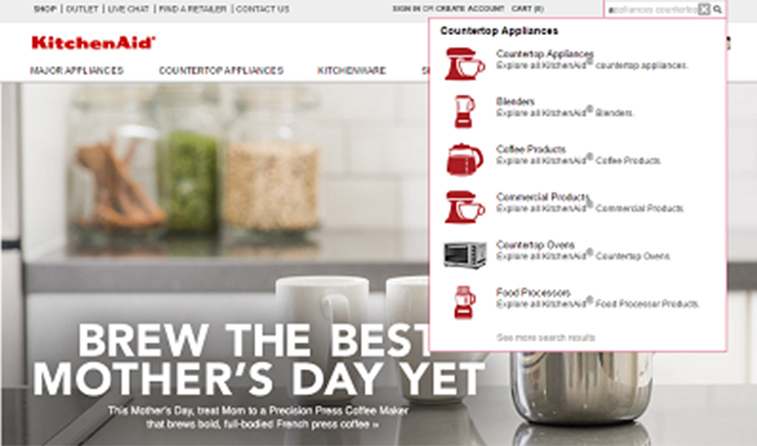 A screen capture of the KitchenAid website showing a dropdown menu with categories of countertop appliances, such as blenders, coffee products, and food processors.