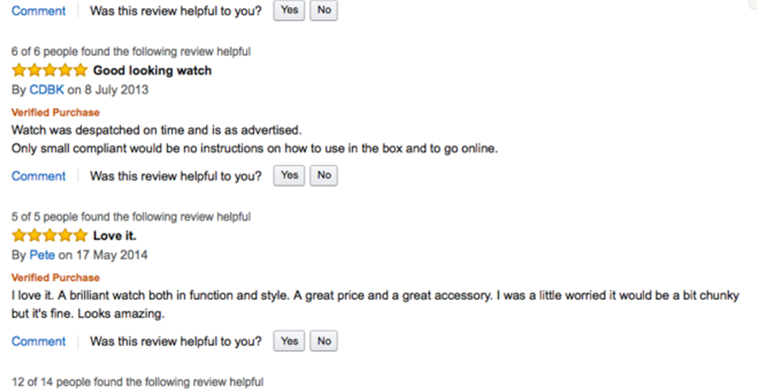 A screenshot showing two customer reviews for a watch on an online store, featuring five-star ratings, verified purchase tags, and comments.