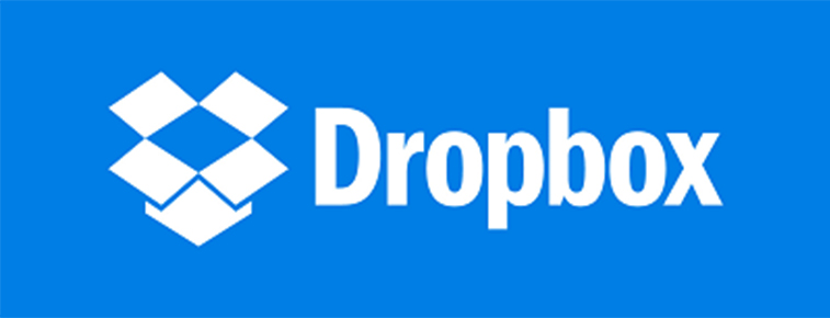 The Dropbox logo featuring a white isometric box icon next to the word "Dropbox" in white font, all set against a solid blue background.
