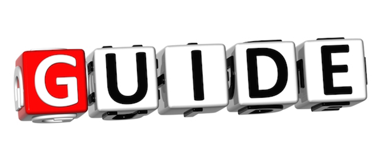 The word GUIDE spelled out on five white and red dice-like blocks against a white background.