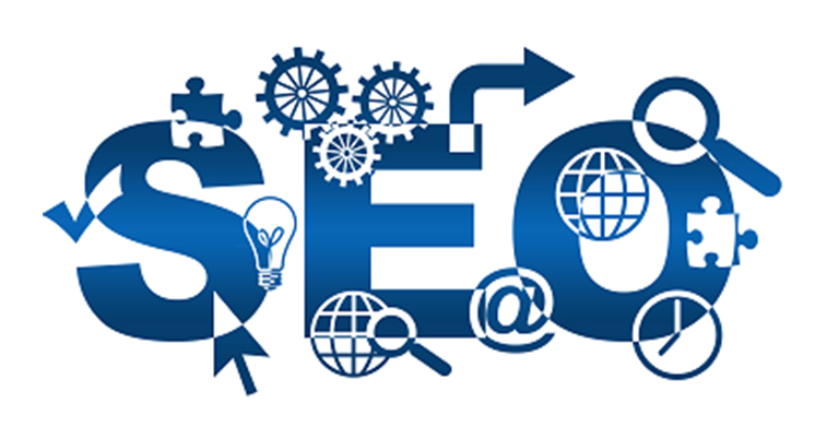 Blue SEO graphic featuring icons for gears, a magnifying glass, a lightbulb, a globe, and other digital marketing symbols.