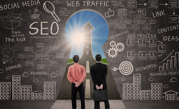 Two men stand facing a giant keyhole-shaped opening in a chalkboard wall covered in SEO and web traffic diagrams, looking out toward a road with a large upward-pointing arrow stretching into a sunny sky.