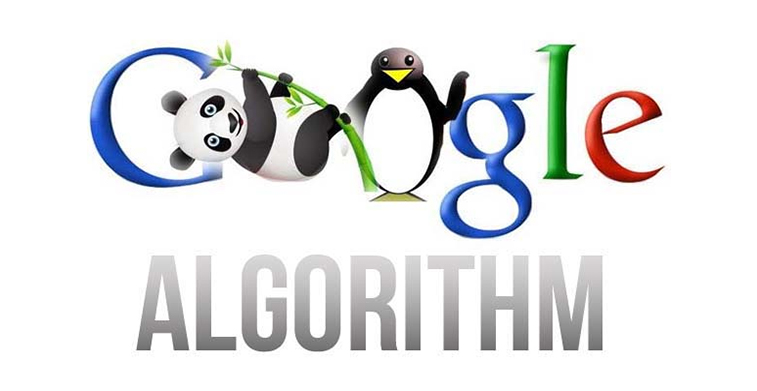A colorful graphic with the Google logo, a panda climbing bamboo, a penguin, and the word "ALGORITHM" written underneath.