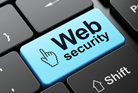 A close-up of a keyboard featuring a bright blue enter key with the text Web security and a pointer icon printed on it.