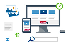 Illustration showing website conversion optimization elements, including desktop and mobile displays, a buy now button, page speed icon, and search bar.