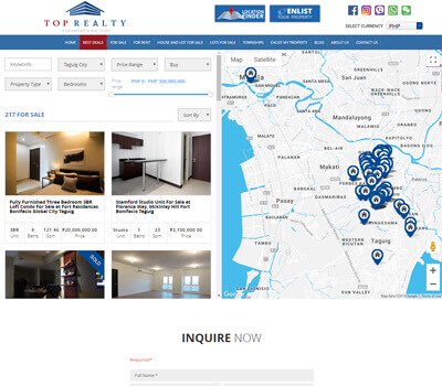 Screenshot of the Top Realty website, featuring a property listing page with a map on the right showing various locations.