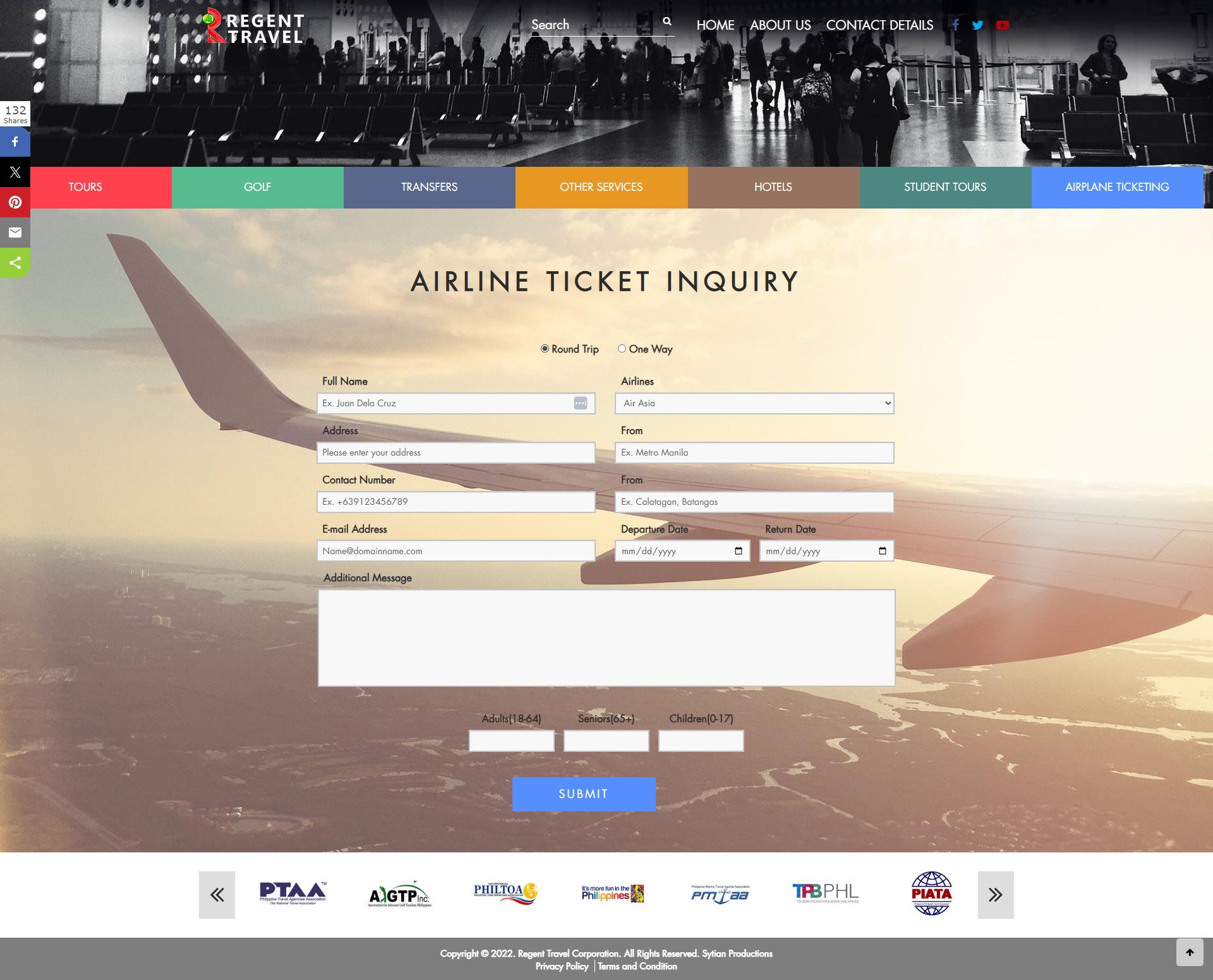 A webpage screenshot titled Airline Ticket Inquiry featuring an online form with fields for full name, address, contact details, travel dates, and passenger counts overlaid on an airplane wing and landscape background.