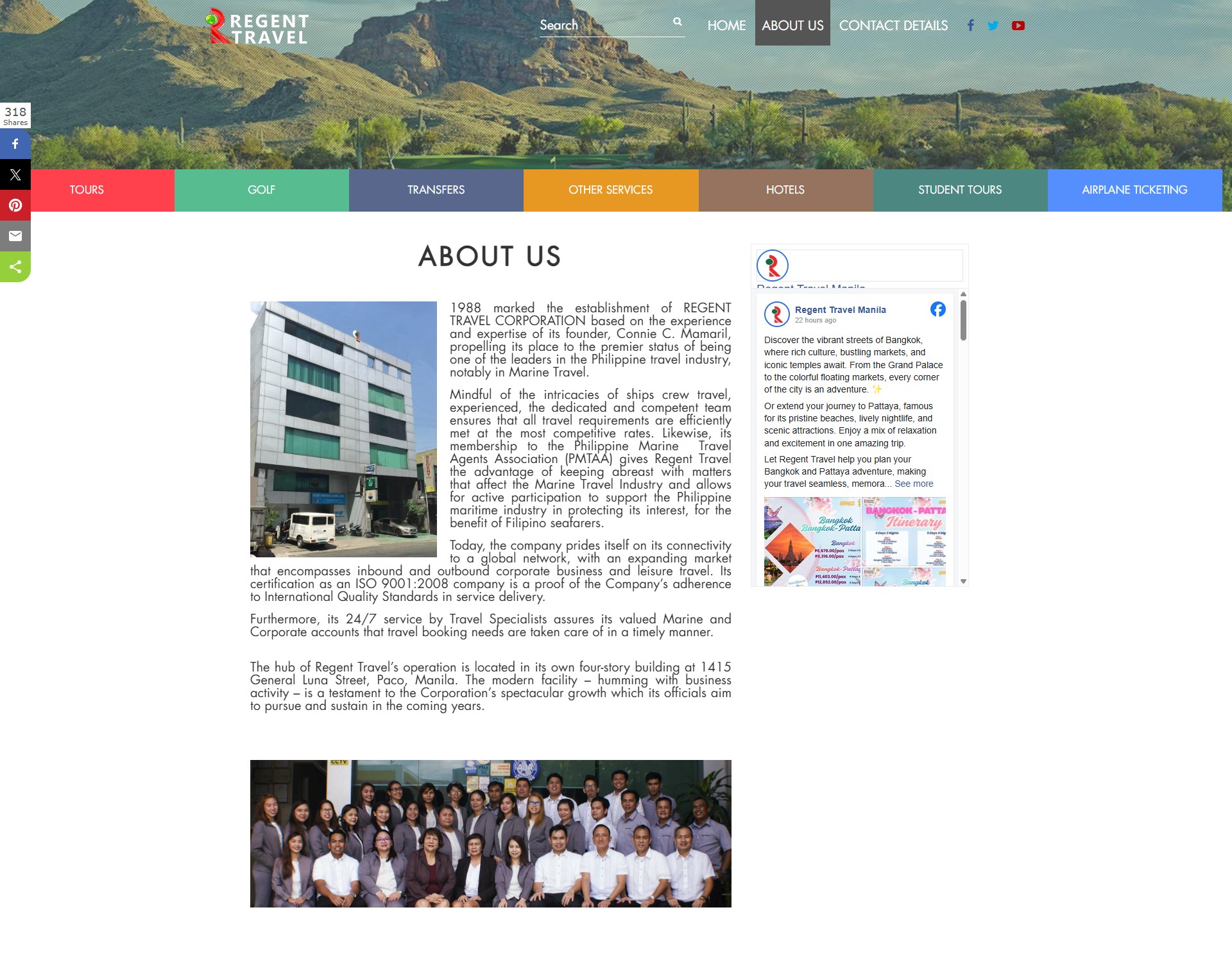 A screenshot of the Regent Travel website's About Us page, featuring the company history, a photo of their building, a social media feed, and a group photo of their staff.