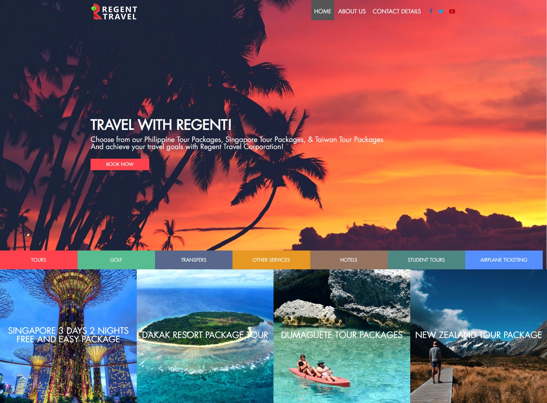 A screenshot of the Regent Travel homepage showing a vibrant sunset over palm trees and tour package options.