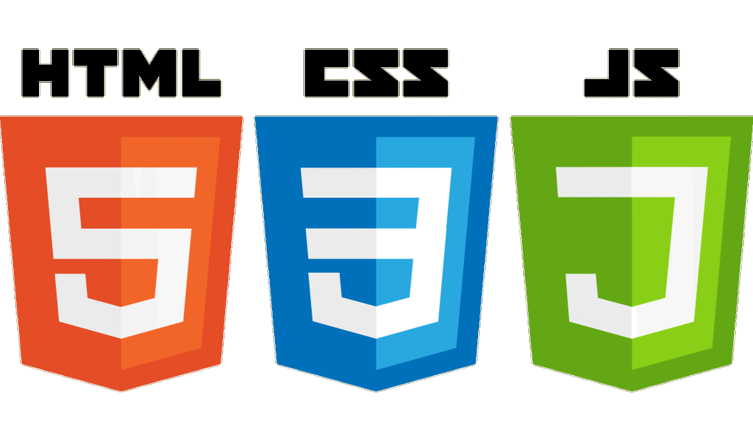 Logos for HTML5, CSS3, and JavaScript, displayed side-by-side in orange, blue, and green shields.