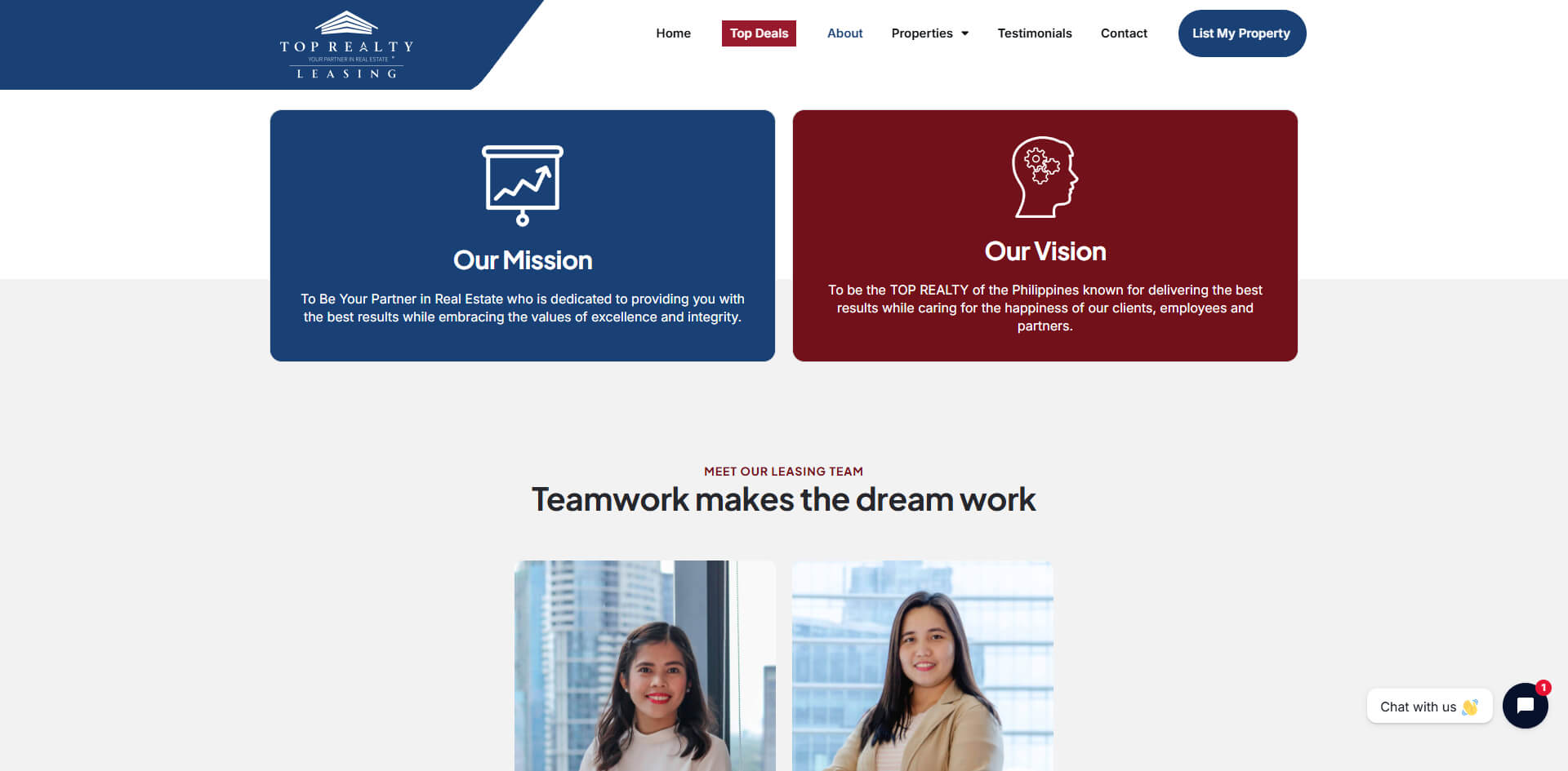 A website about us section featuring Top Realty Leasing's mission, vision, and team members with portraits.