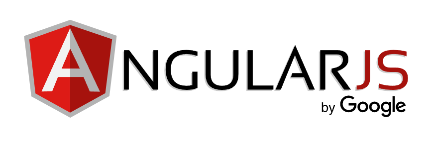 AngularJS logo featuring a red shield with a white letter A, followed by the text ANGULARJS and "by Google" underneath.