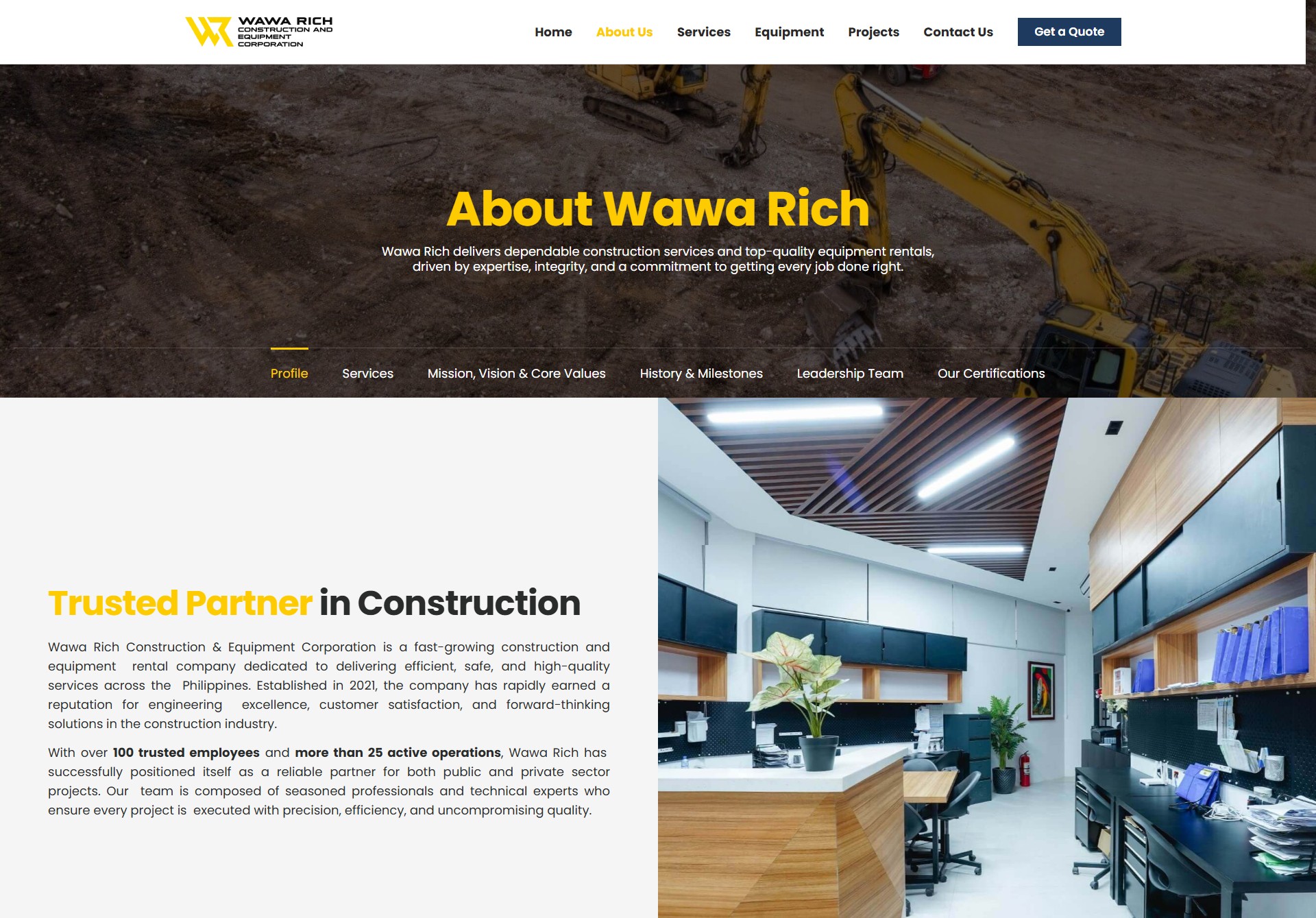 Website screenshot of Wawa Rich Construction and Equipment Corporation, featuring an 'About Us' header over an excavator site background, navigation menu, and company profile text alongside a modern office interior.
