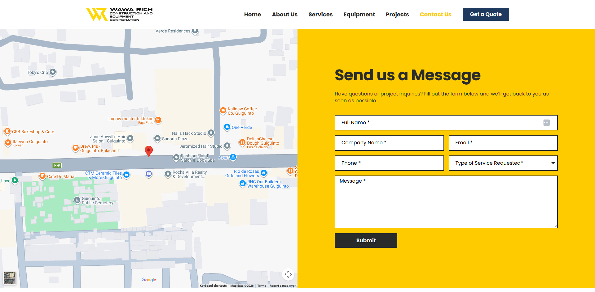 Website contact page for Wawa Rich Construction and Equipment Corporation, featuring an interactive map on the left and a "Send us a Message" inquiry form on the right.
