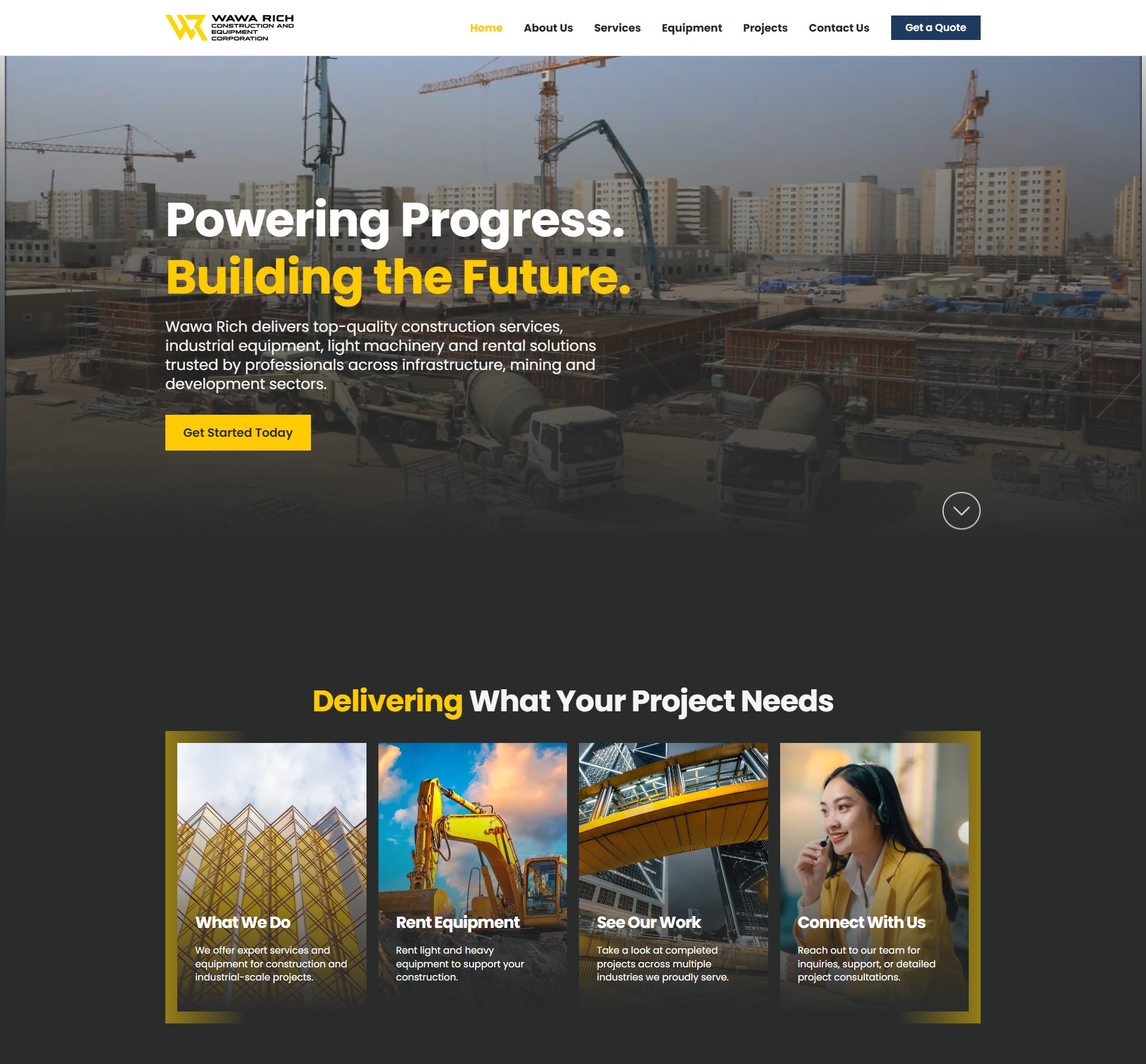 Homepage screenshot of Wawa Rich Construction and Equipment Corporation, featuring a large construction site hero image, text about powering progress and building the future, a get started button, and four service cards below.