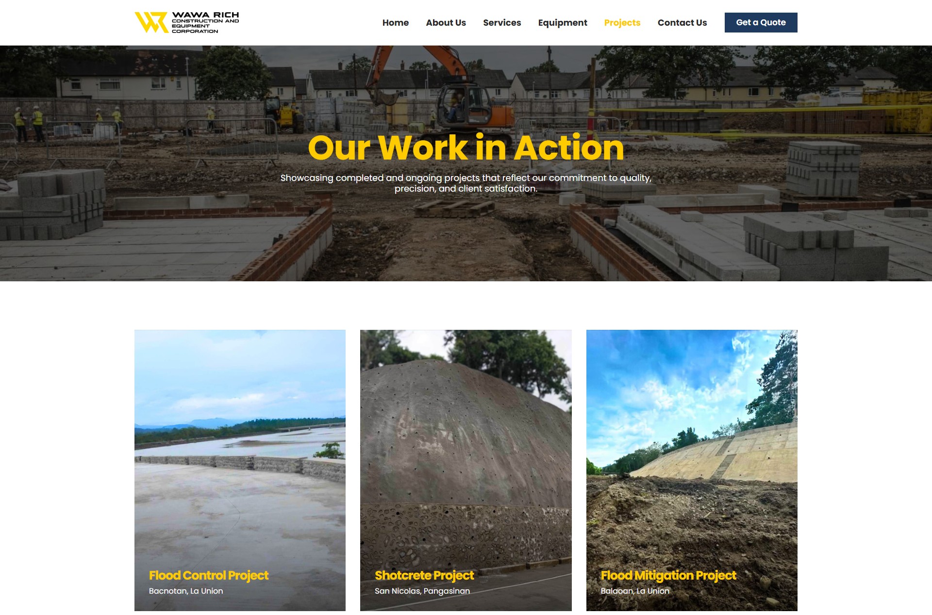 A webpage featuring a construction site header titled Our Work in Action, with three project cards below showing a Flood Control Project, Shotcrete Project, and Flood Mitigation Project.