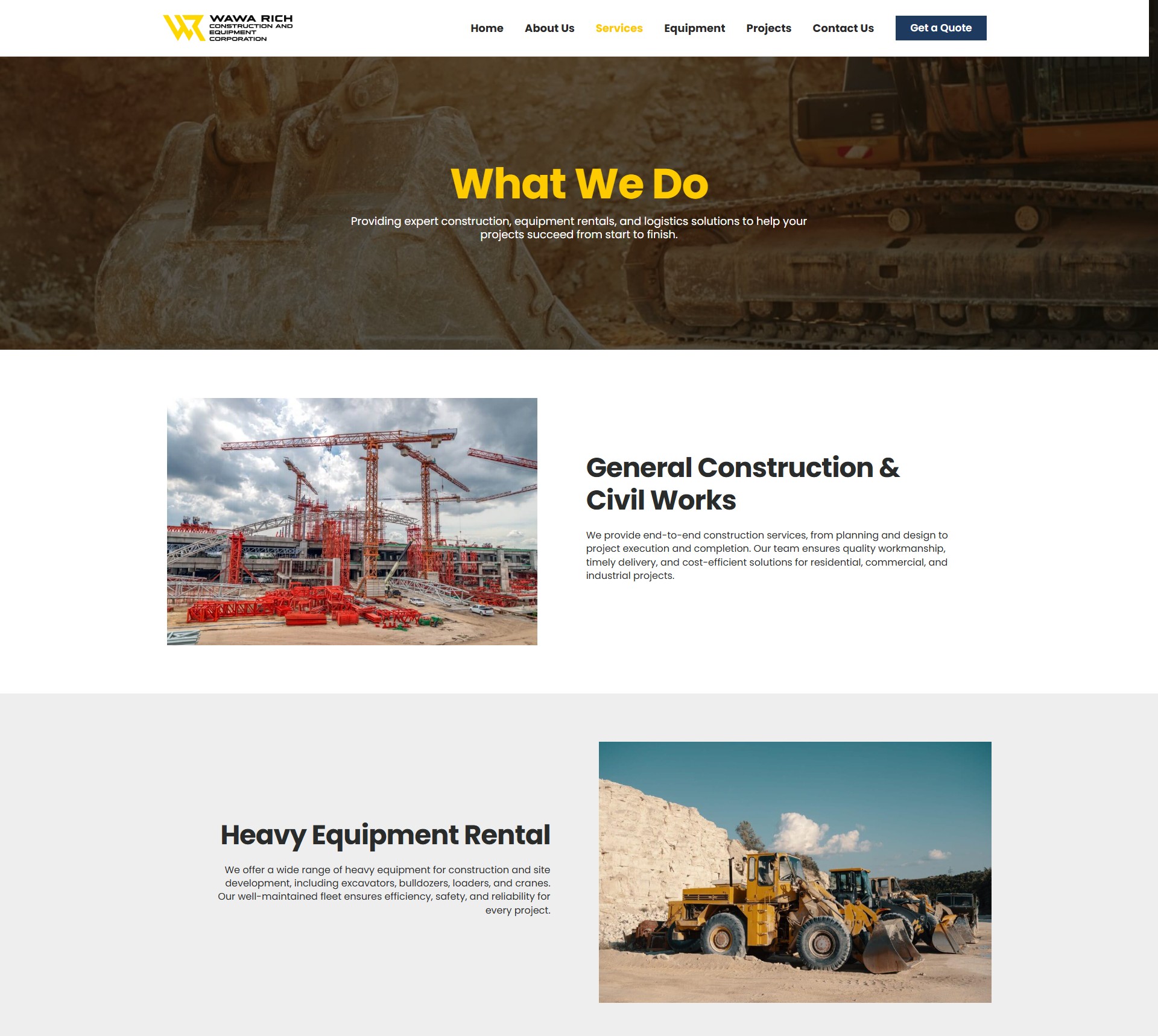 A webpage for Wawa Rich Construction and Equipment Corporation showing services such as general construction and heavy equipment rental.