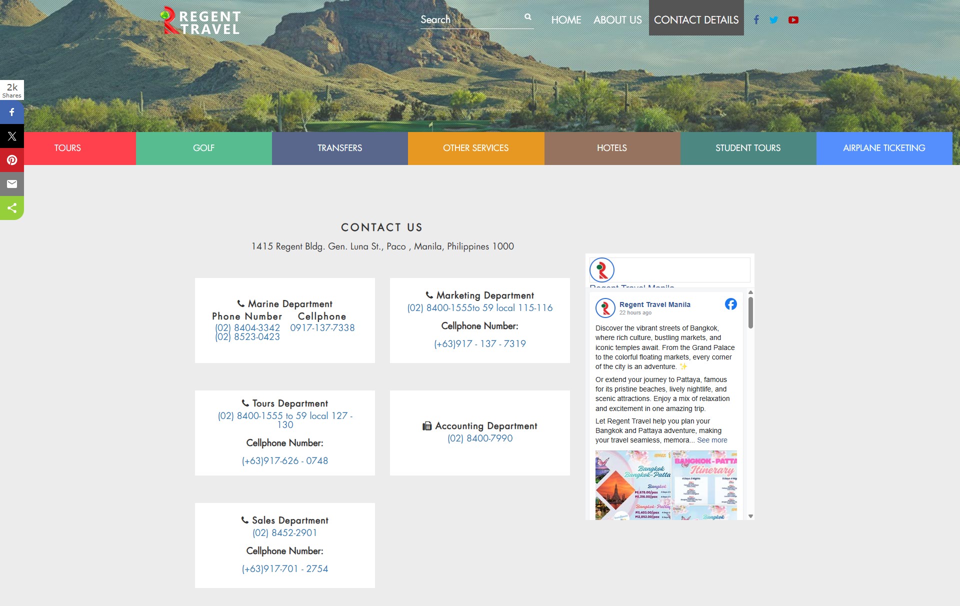 Regent Travel contact us page displaying office address and department phone and mobile numbers.