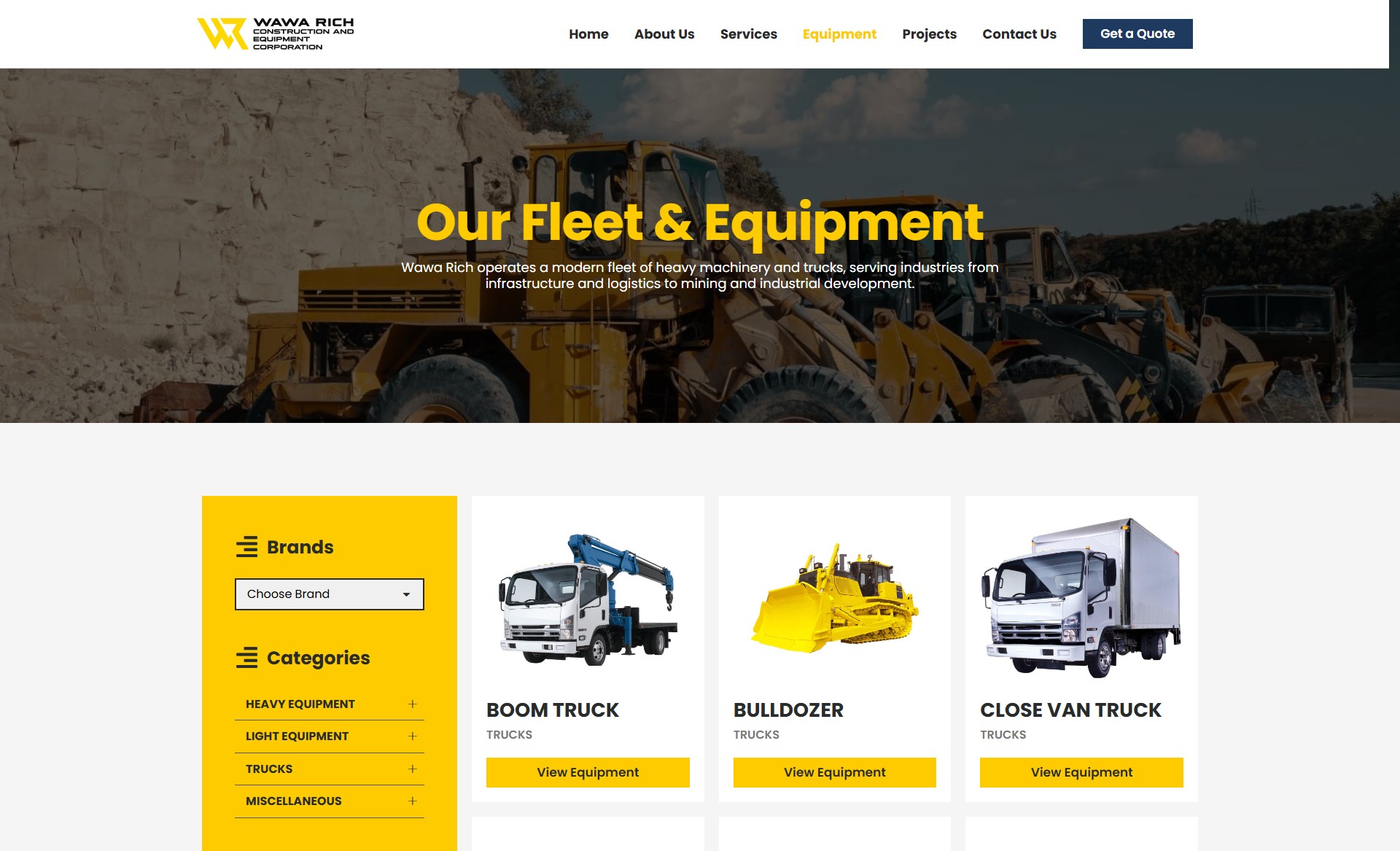 Wawa Rich Construction and Equipment Corporation website screenshot displaying the Fleet and Equipment page featuring heavy machinery such as a loader, boom truck, bulldozer, and close van truck.