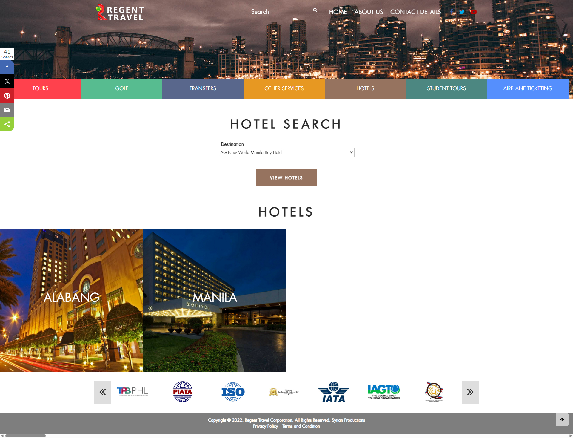 A screenshot of the Regent Travel website displaying the "Hotel Search" page with a destination dropdown menu, a "View Hotels" button, and featured hotel locations in Alabang and Manila.
