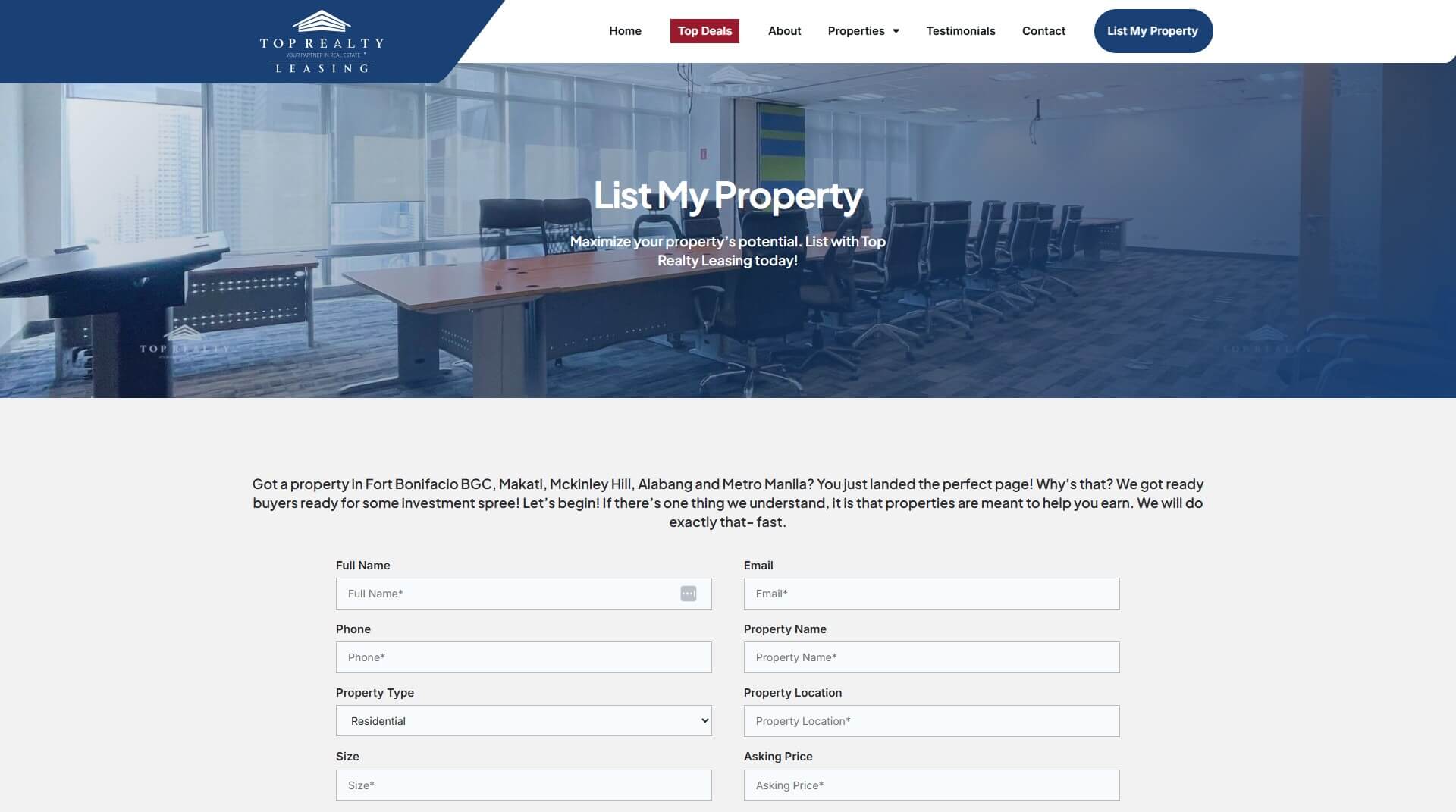 A webpage with a header showing the Top Realty Leasing logo, navigation links, and a "List My Property" title over a modern office background, followed by an introductory text and a property listing form with input fields for name, email, phone, property name, type, location, size, and asking price.