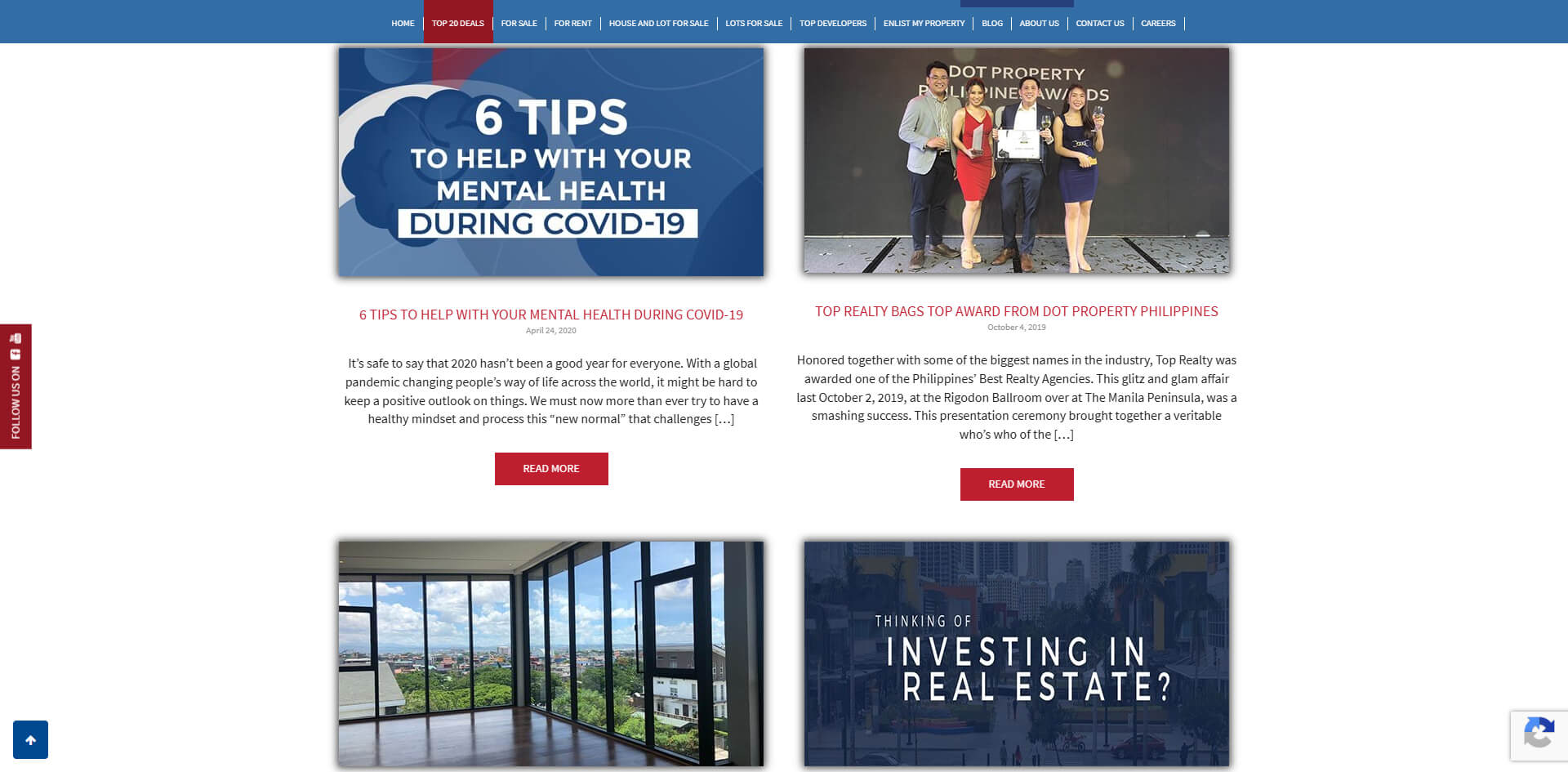 A webpage displaying news and blog articles with images and read more buttons, including topics on mental health and real estate awards.