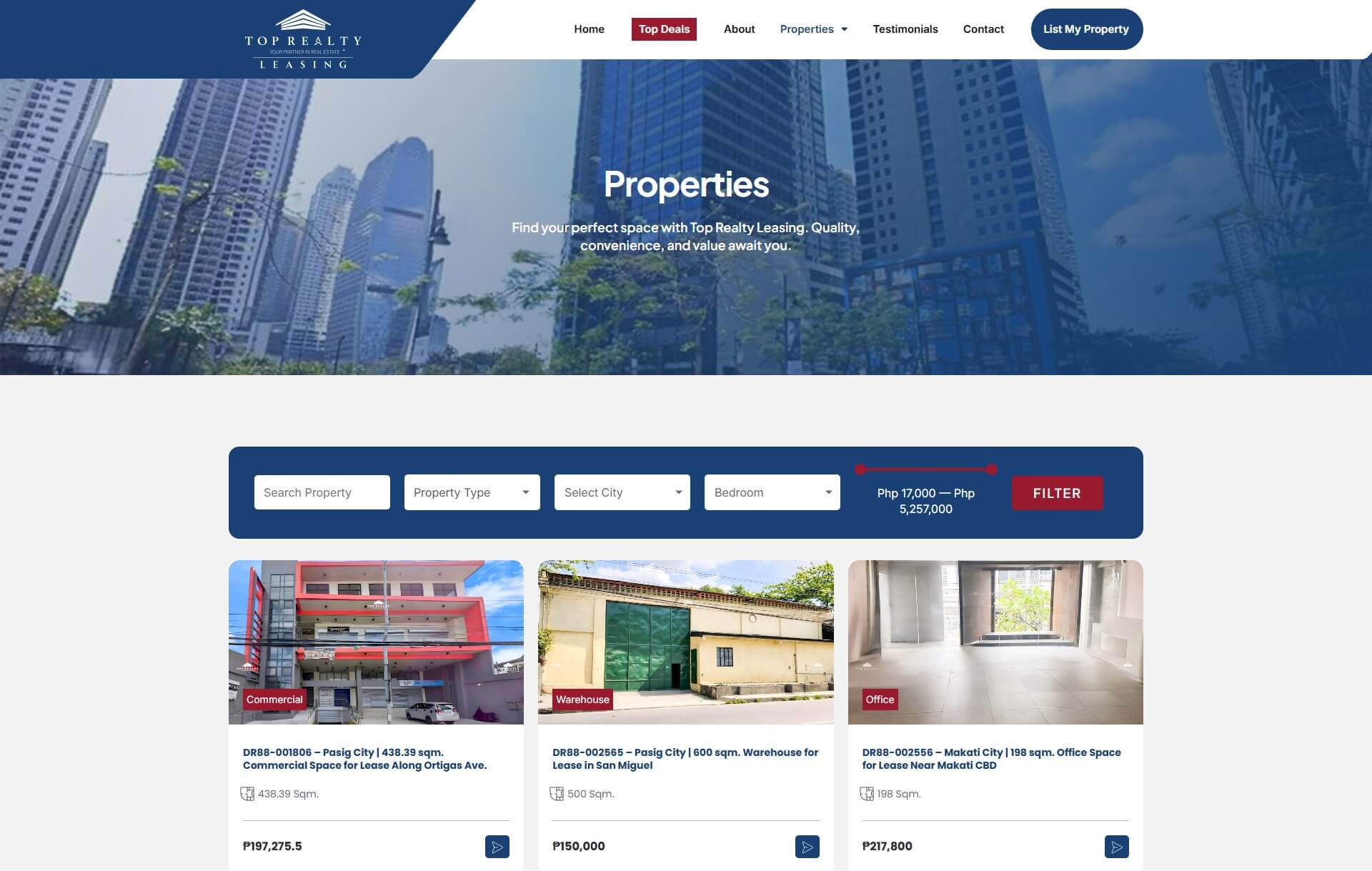 Website screenshot of Top Realty Leasing showcasing property listings with search filters, including commercial spaces, warehouses, and offices.