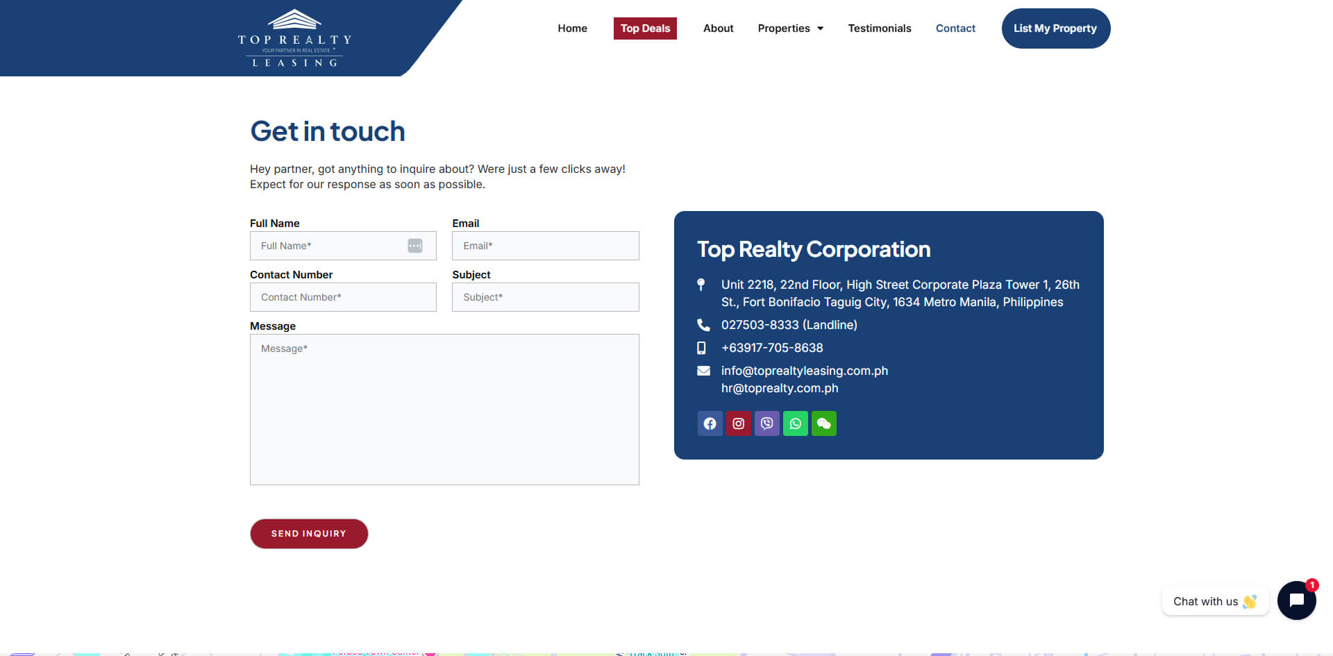 Top Realty Leasing contact us page featuring an inquiry form and corporate contact details.