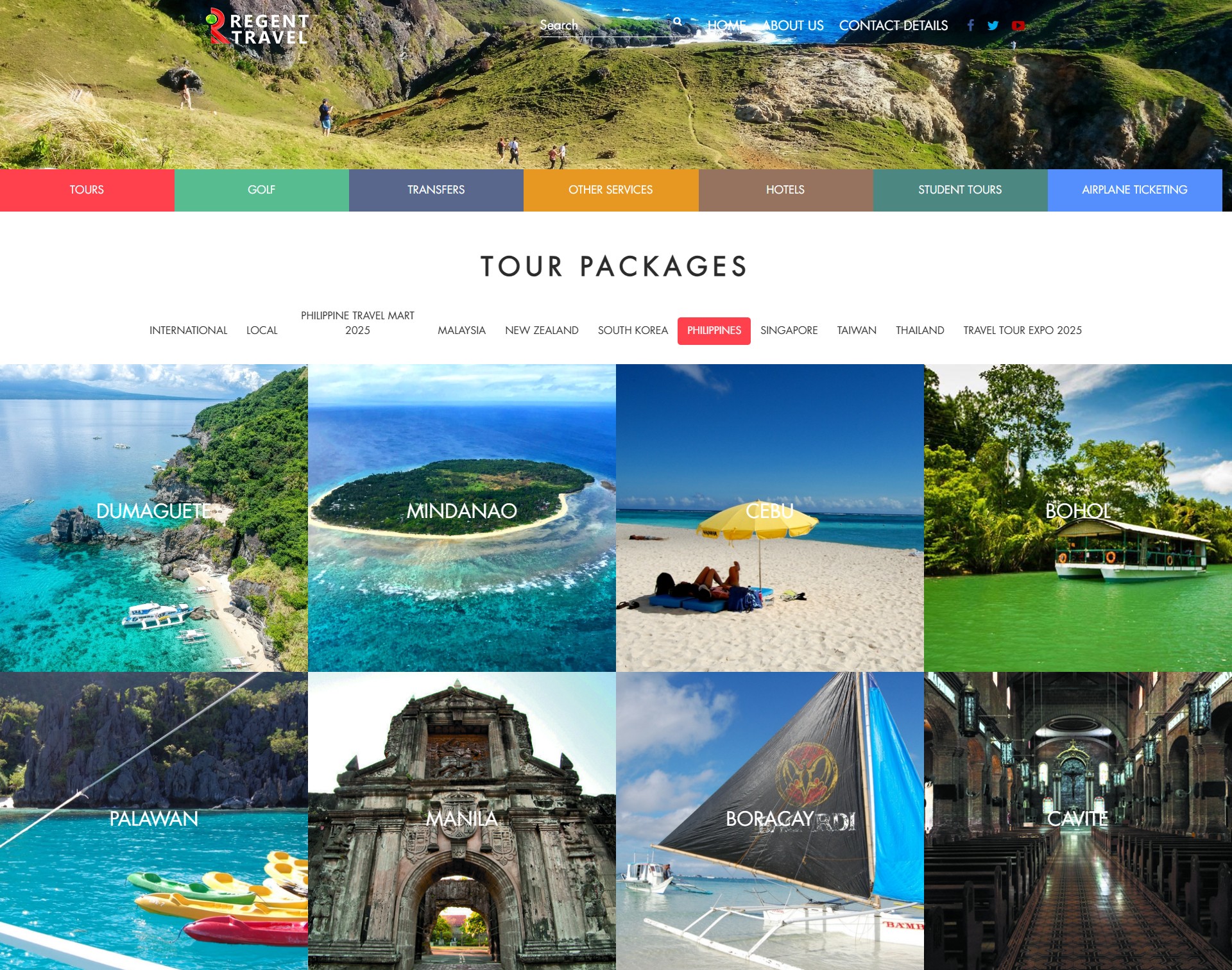 Screenshot of the Regent Travel website showcasing tour packages to various destinations including Dumaguete, Mindanao, Cebu, Bohol, Palawan, Manila, Boracay, and Cavite.
