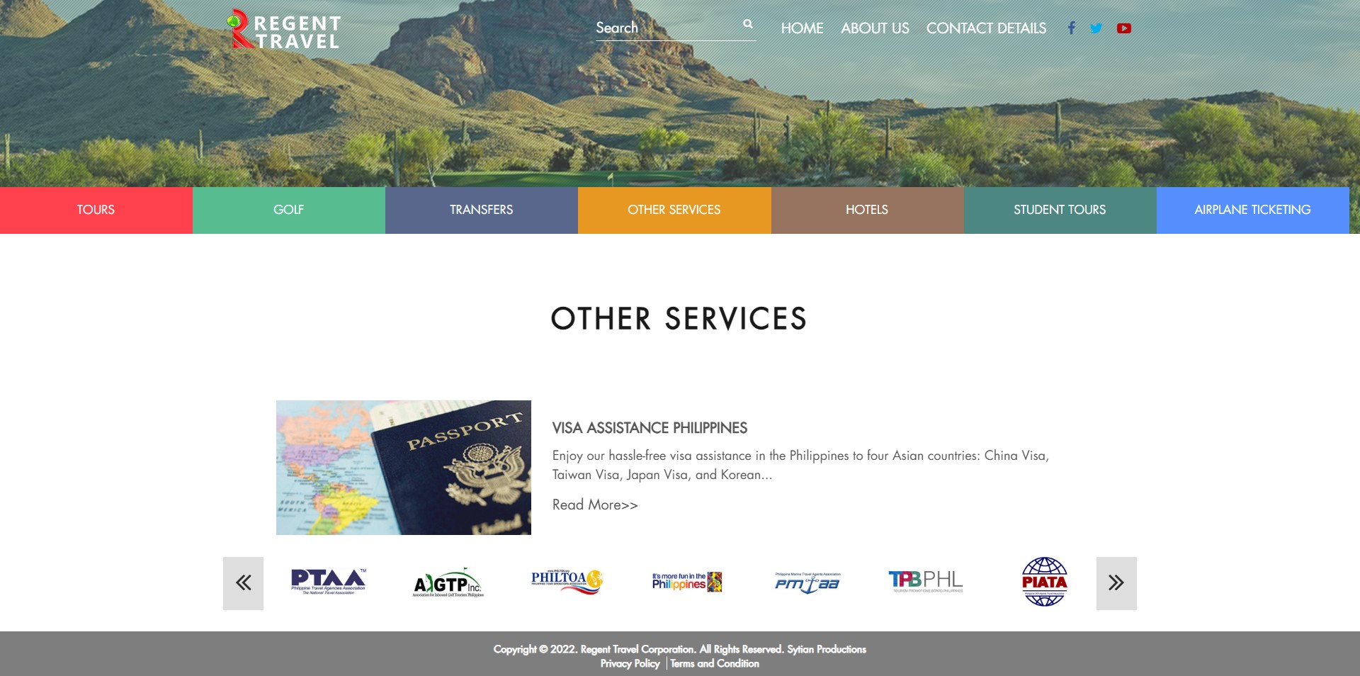 Regent Travel services webpage showcasing visa assistance for Asian countries alongside a navigation menu and industry partner logos.
