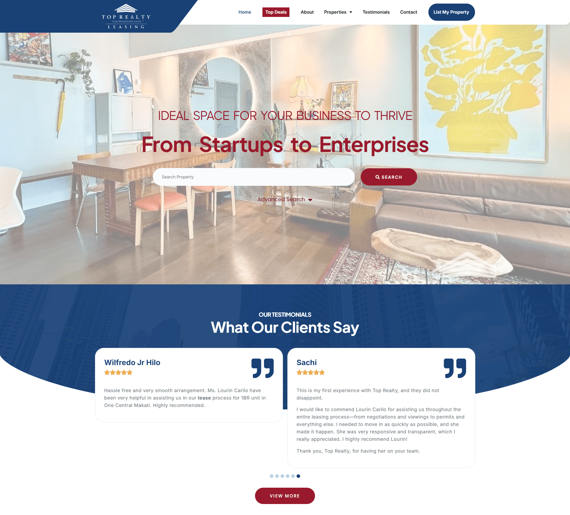 Screenshot of Top Realty Leasing website homepage featuring a modern office interior background with a property search bar and client testimonials below.