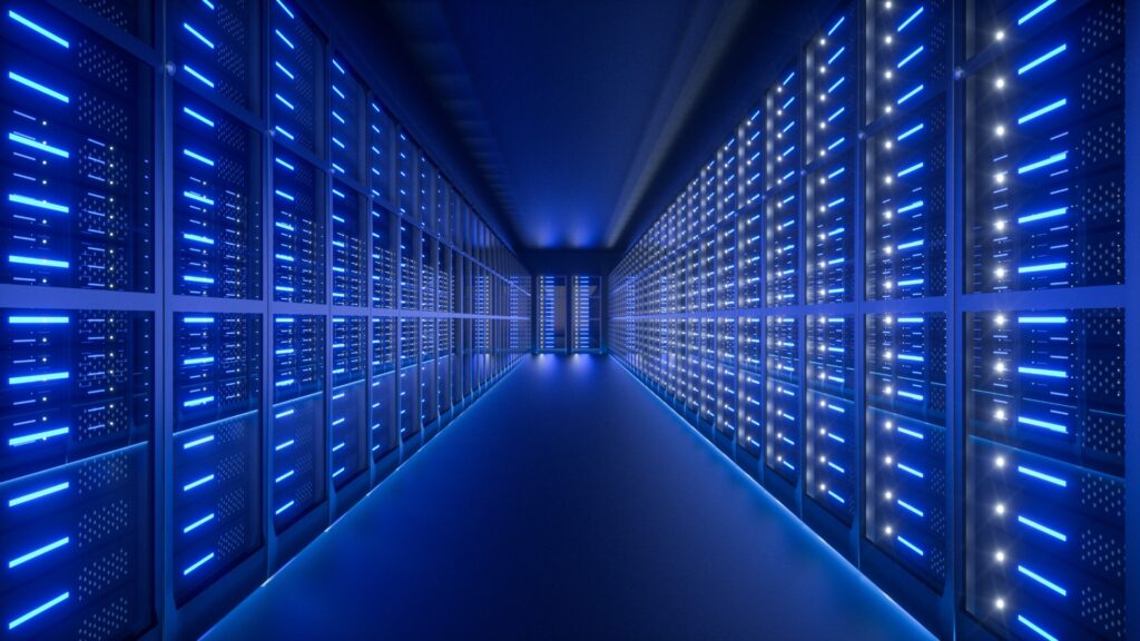 A symmetrical 3D render of a futuristic server room corridor with glowing blue and white LED lights on rows of server racks.