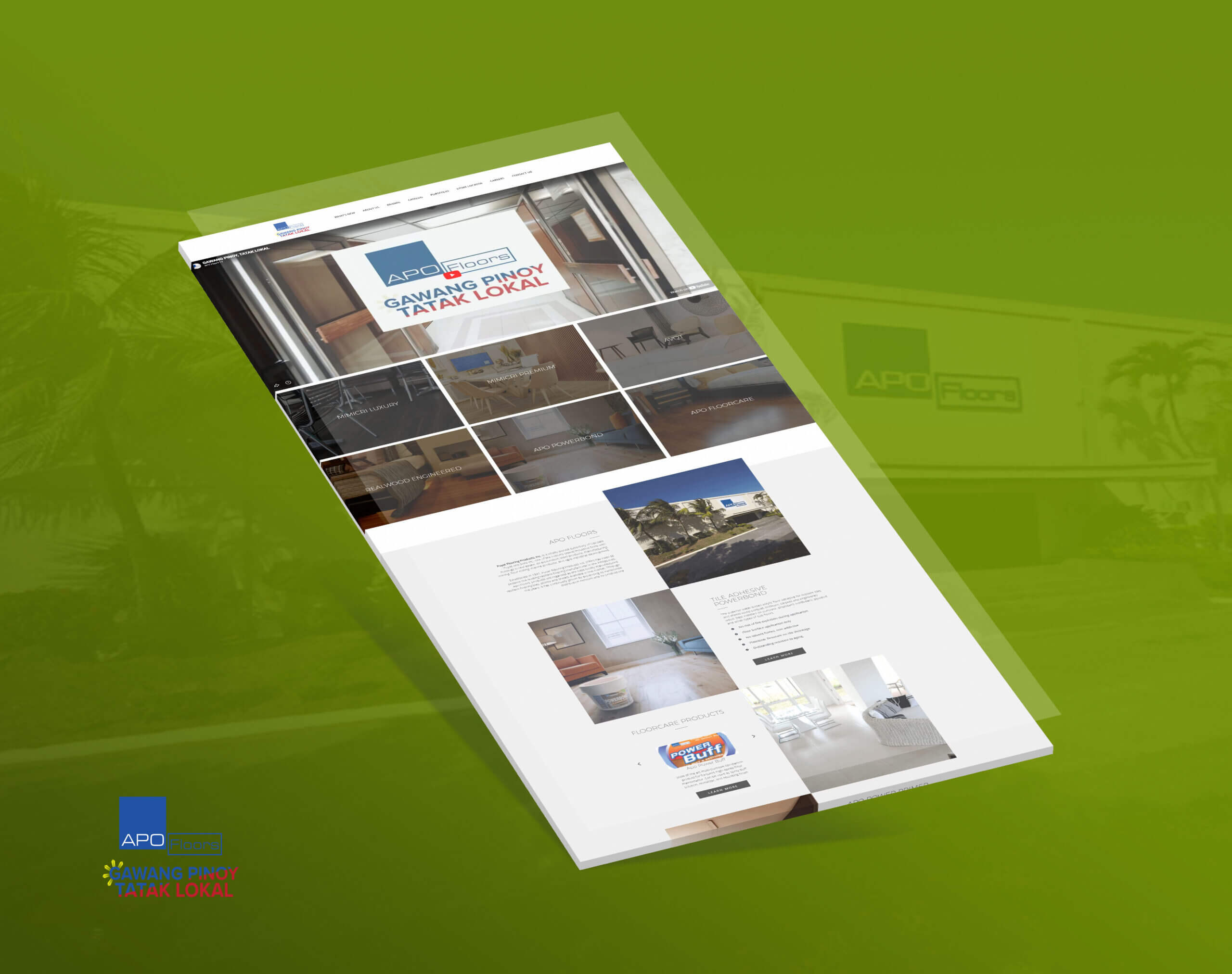 A tilted screenshot of a website for APO Floors, titled APO Floors, presented against a green background with a faded building and palm trees.