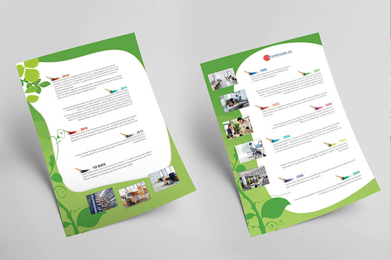 Two angled pages of a company profile with a green and white design, featuring timeline milestones and small photo inserts.