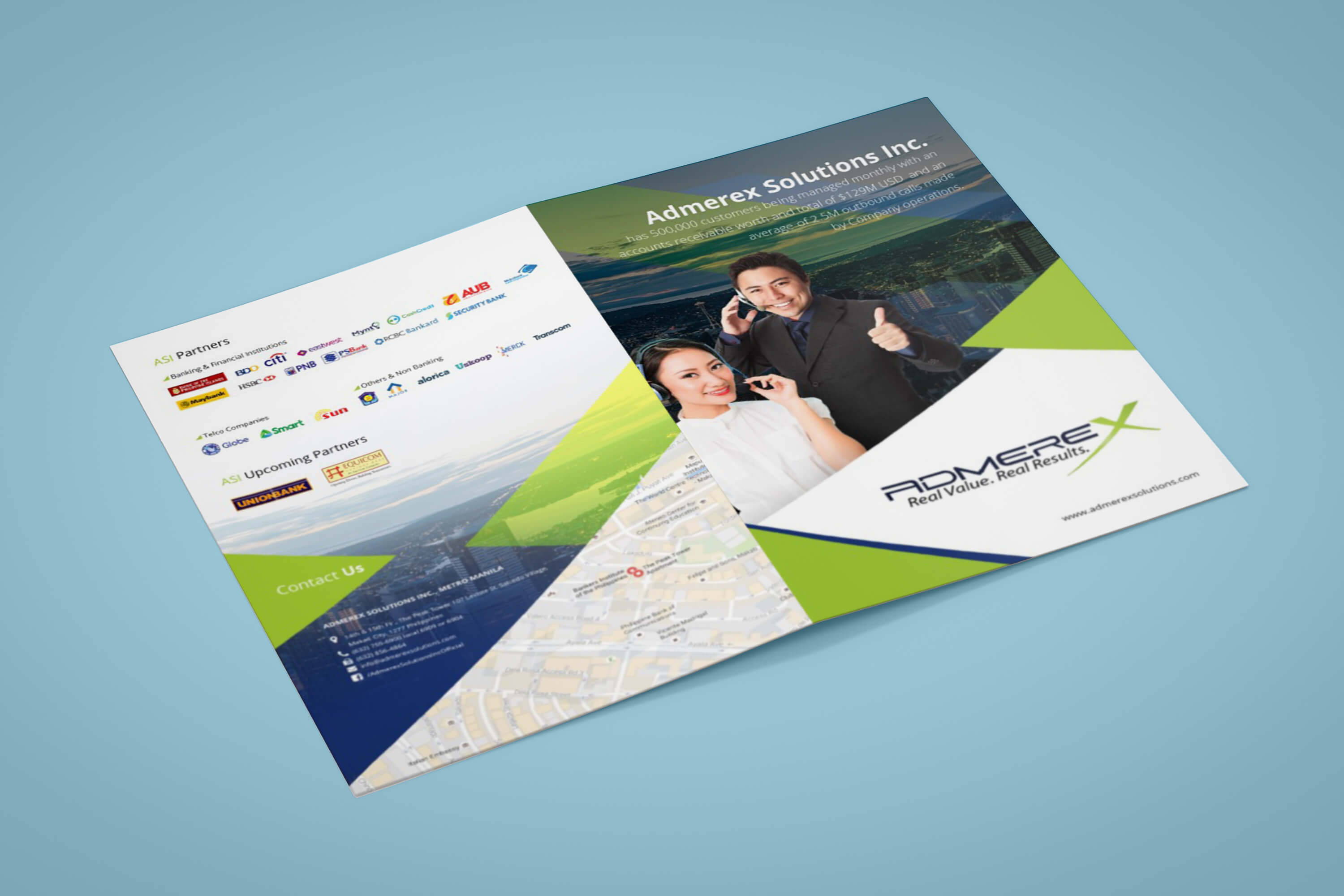 A mockup of an open brochure for Admerex Solutions Inc., showcasing company details, partner logos, contact info, and customer service representatives.