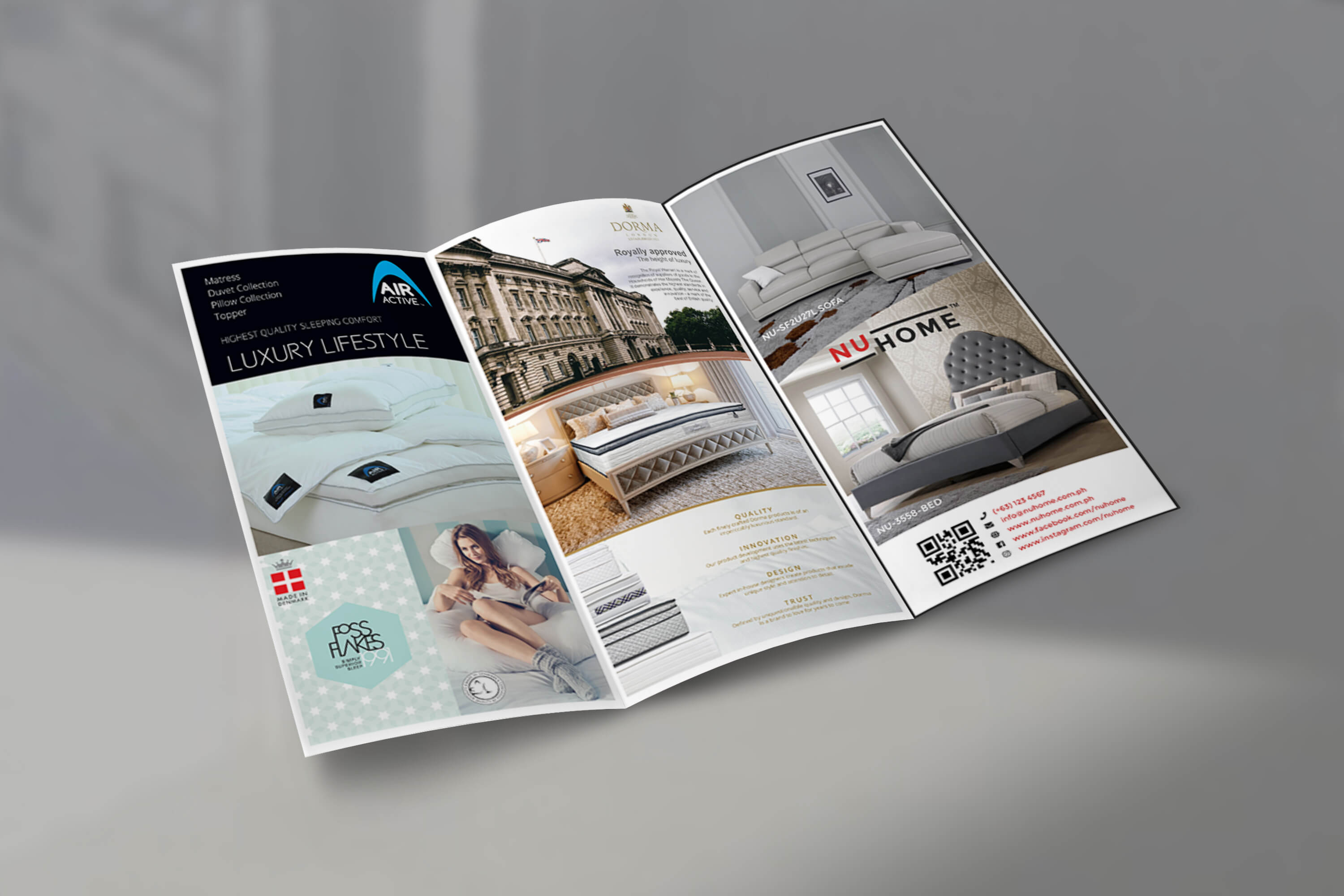 An open product catalog with a grey background featuring bedding and furniture options from brands like Nu Home and Air Active.