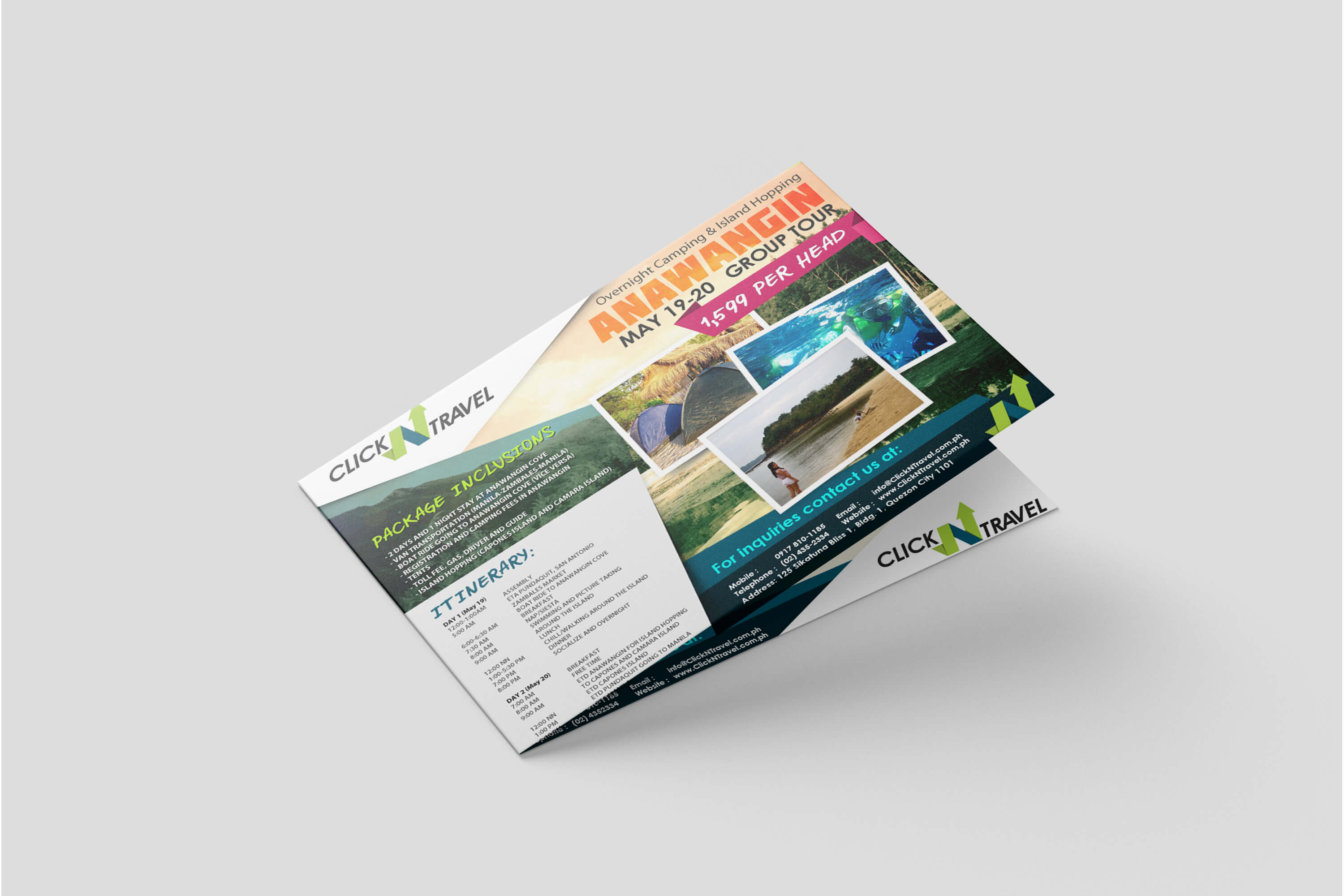 A brochure for an overnight Anawangin tour from ClickNTravel, detailing package inclusions, itinerary, and contact information.
