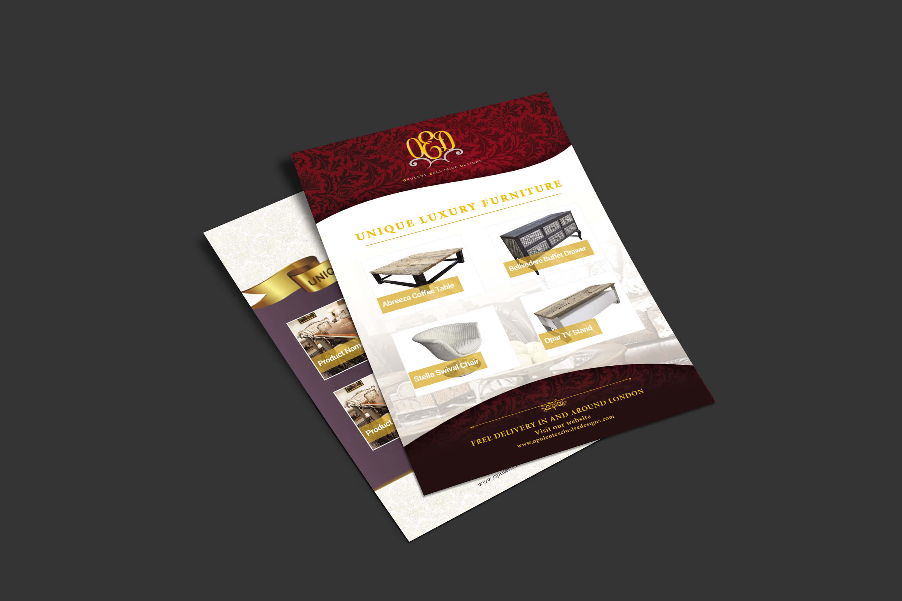 Two overlapping luxury furniture promotional flyers display various products such as the Abreeza Coffee Table and Belvedere Buffet Drawer.