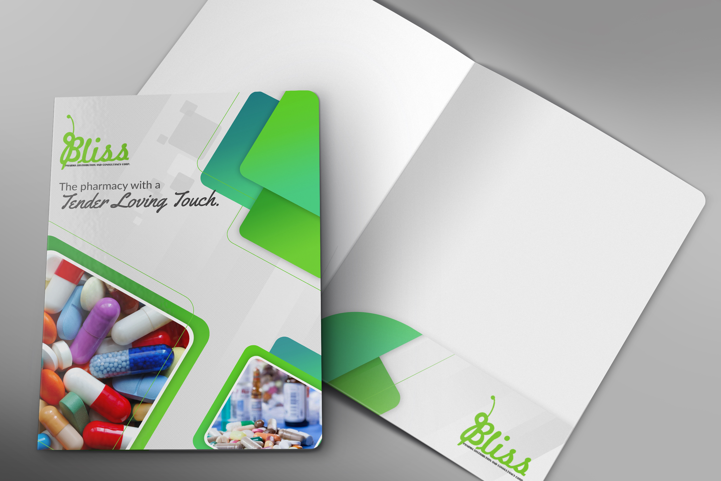 Two open and closed branded folders with a white and green design for Bliss Pharma Distribution and Consultancy Corp, featuring colorful pills and capsules.