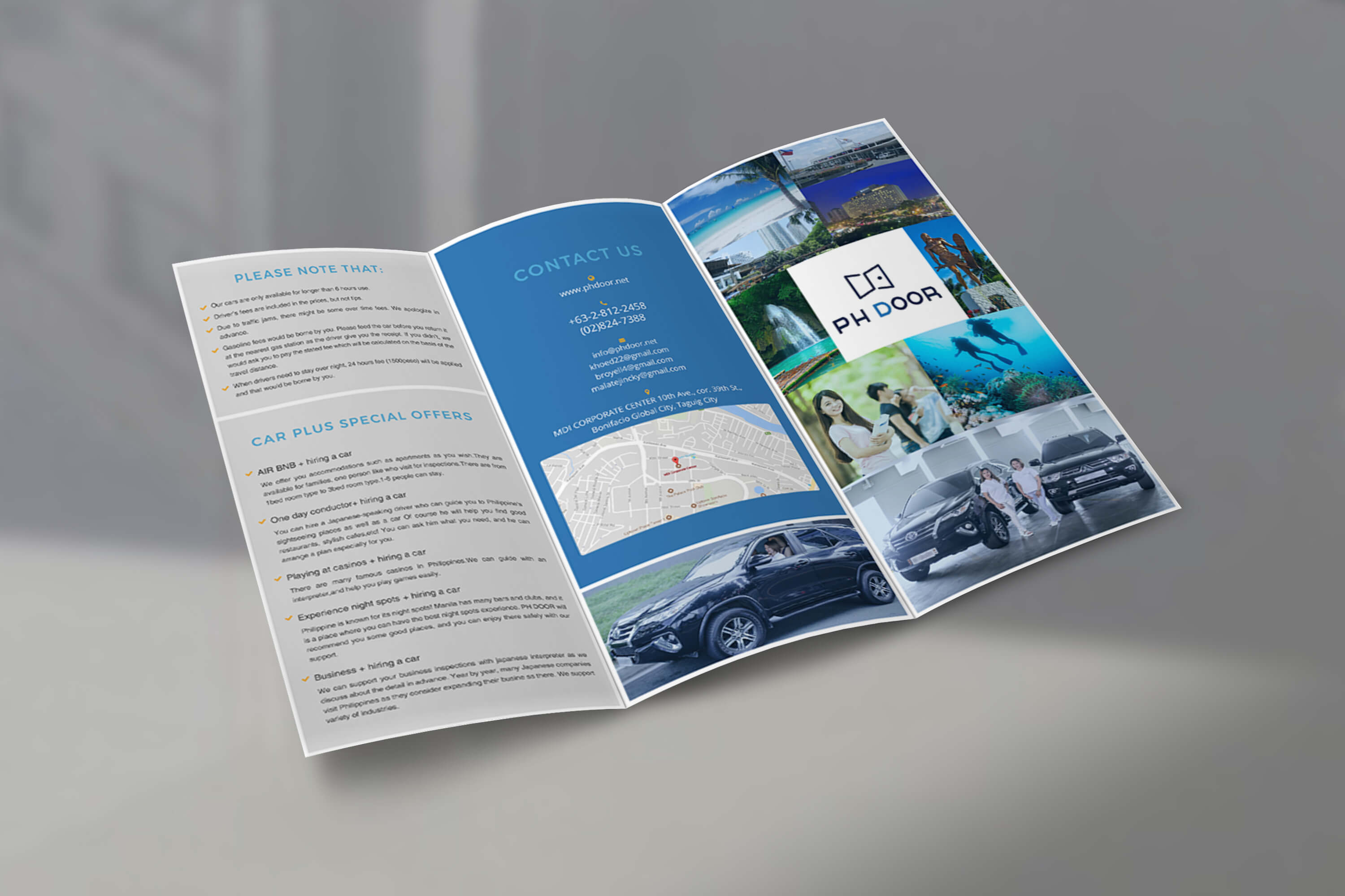 A tri-fold brochure for "PH DOOR" featuring special offers, contact information, and travel highlights on a gray background.