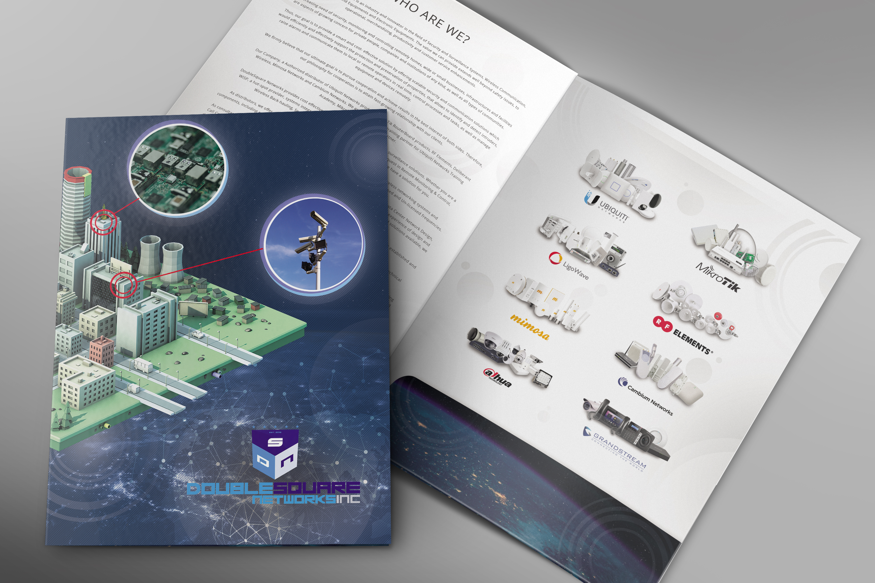 A brochure for Double Square Networks is open, showing a city illustration on the left page and network hardware brand logos on the right.