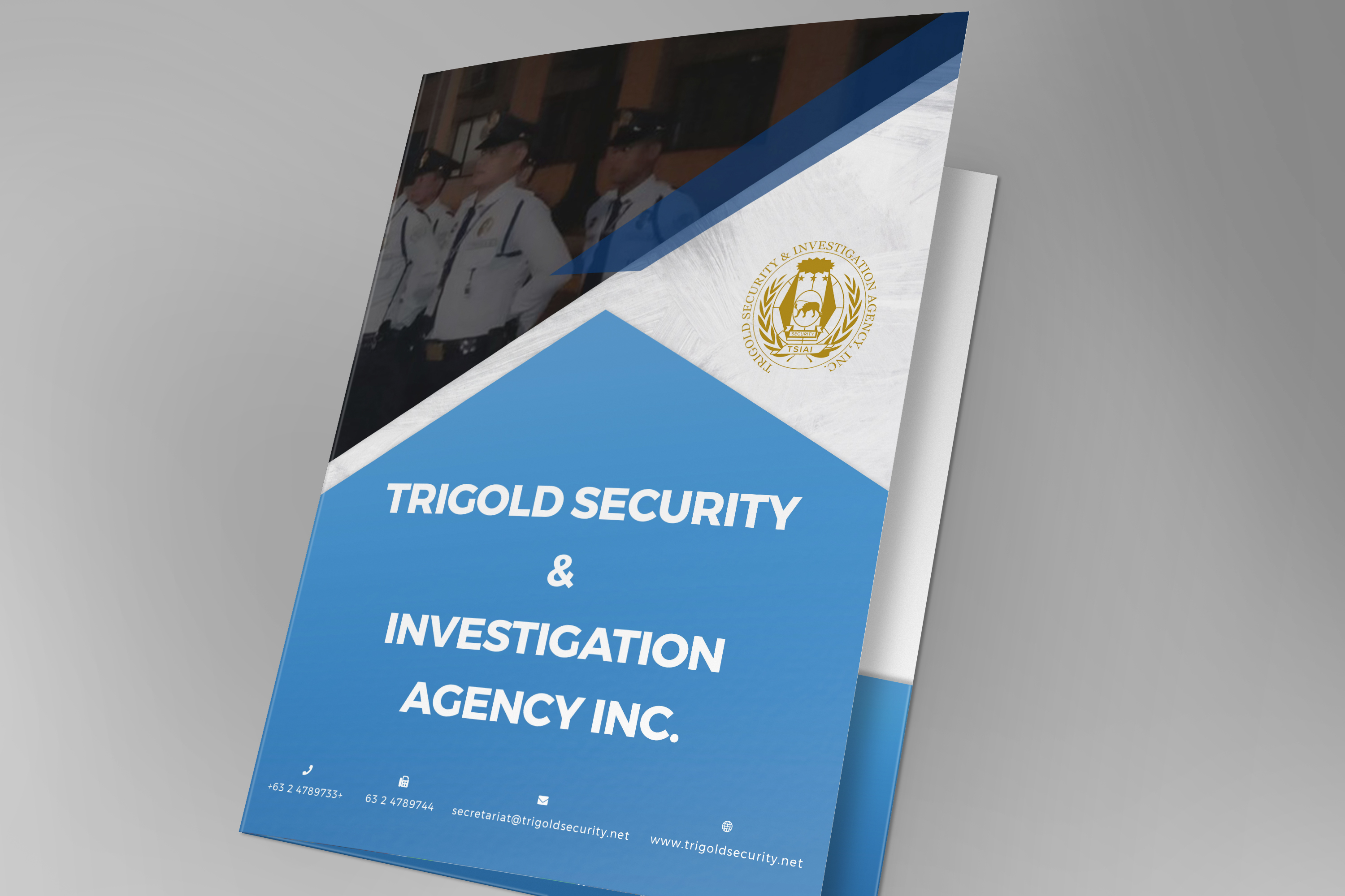 A mockup of a branded presentation folder for Trigold Security & Investigation Agency Inc., featuring blue and white design elements, contact details, and security personnel imagery.