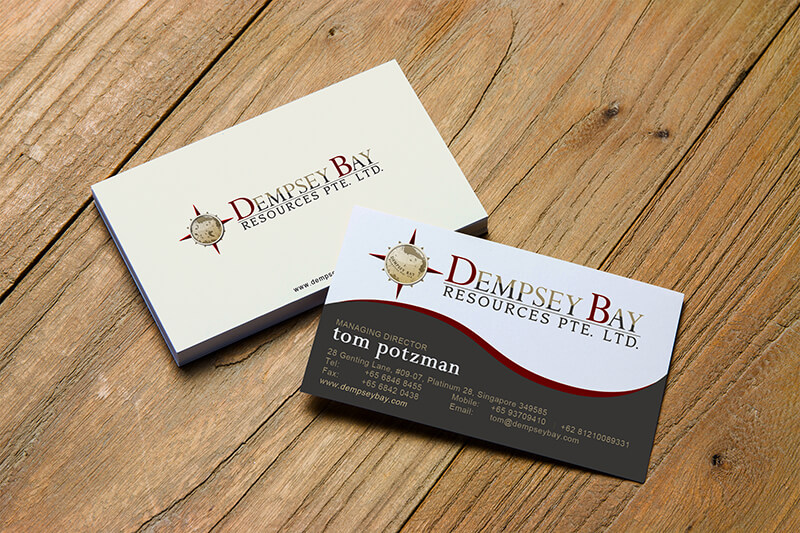 Business card and box for Dempsey Bay Resources Pte. Ltd. on a wooden surface.
