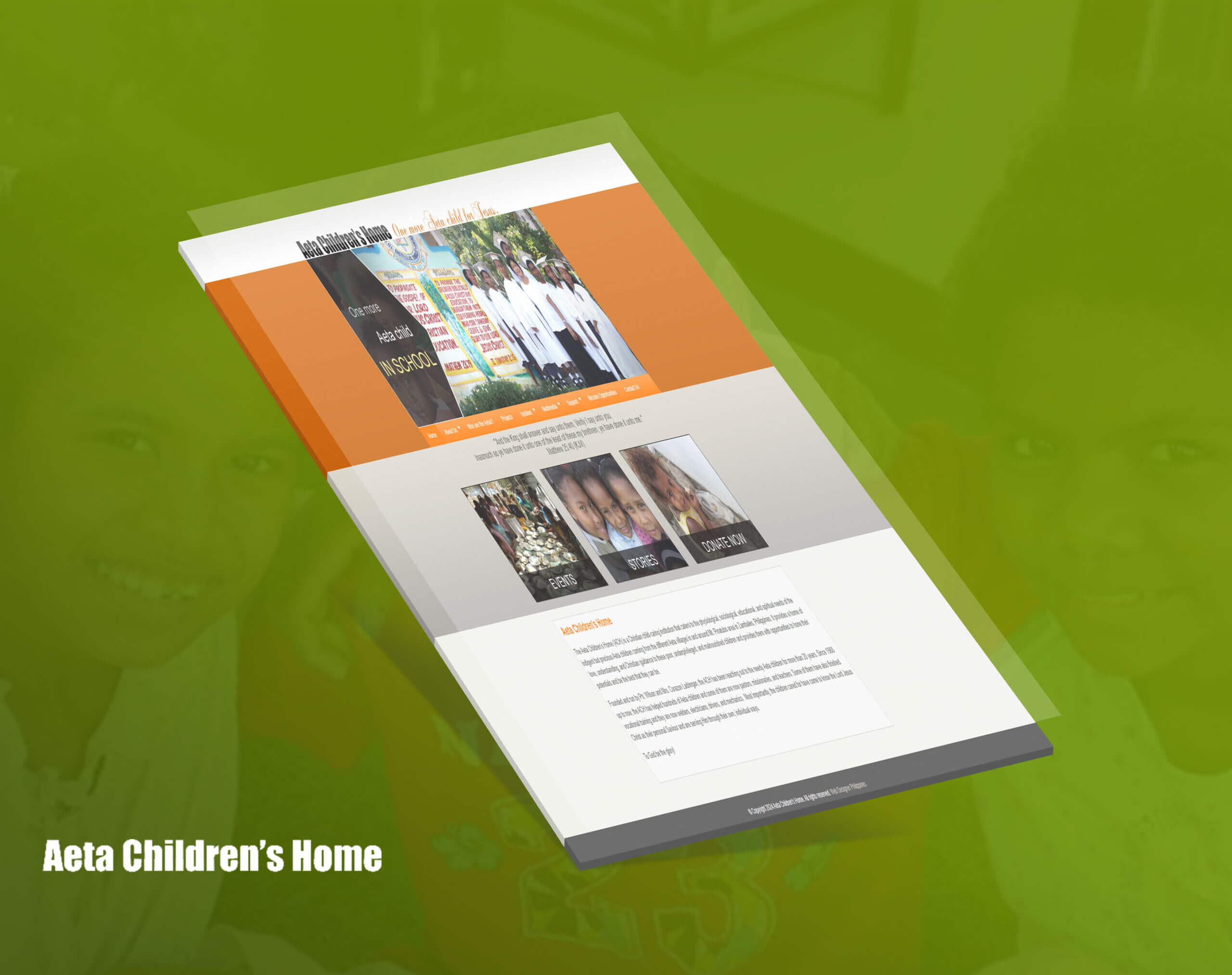 A slightly angled mockup of the Aeta Children's Home website on a green background.