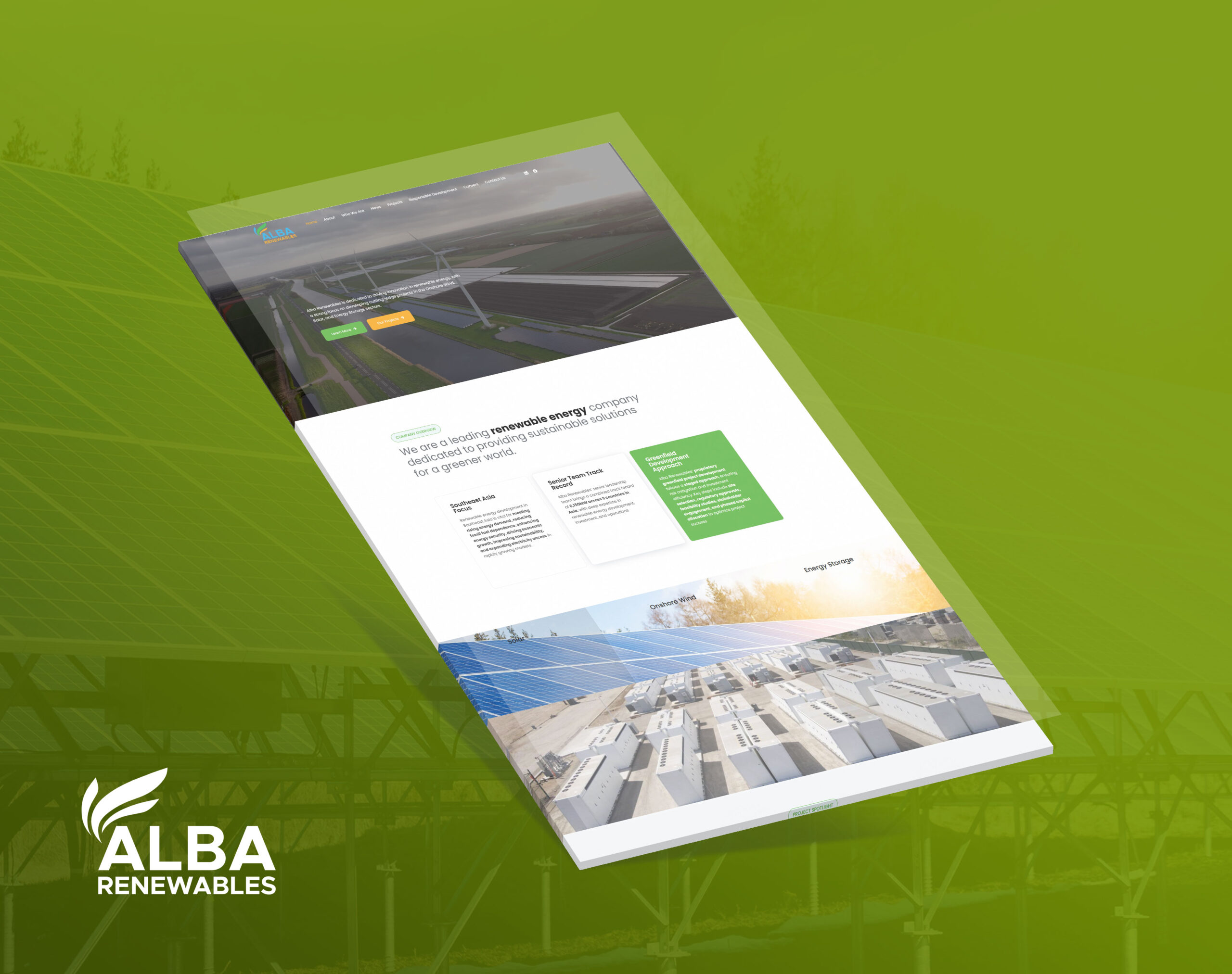 A tilted, semi-transparent mockup of the Alba Renewables website displayed over a blurred green background of solar panels.