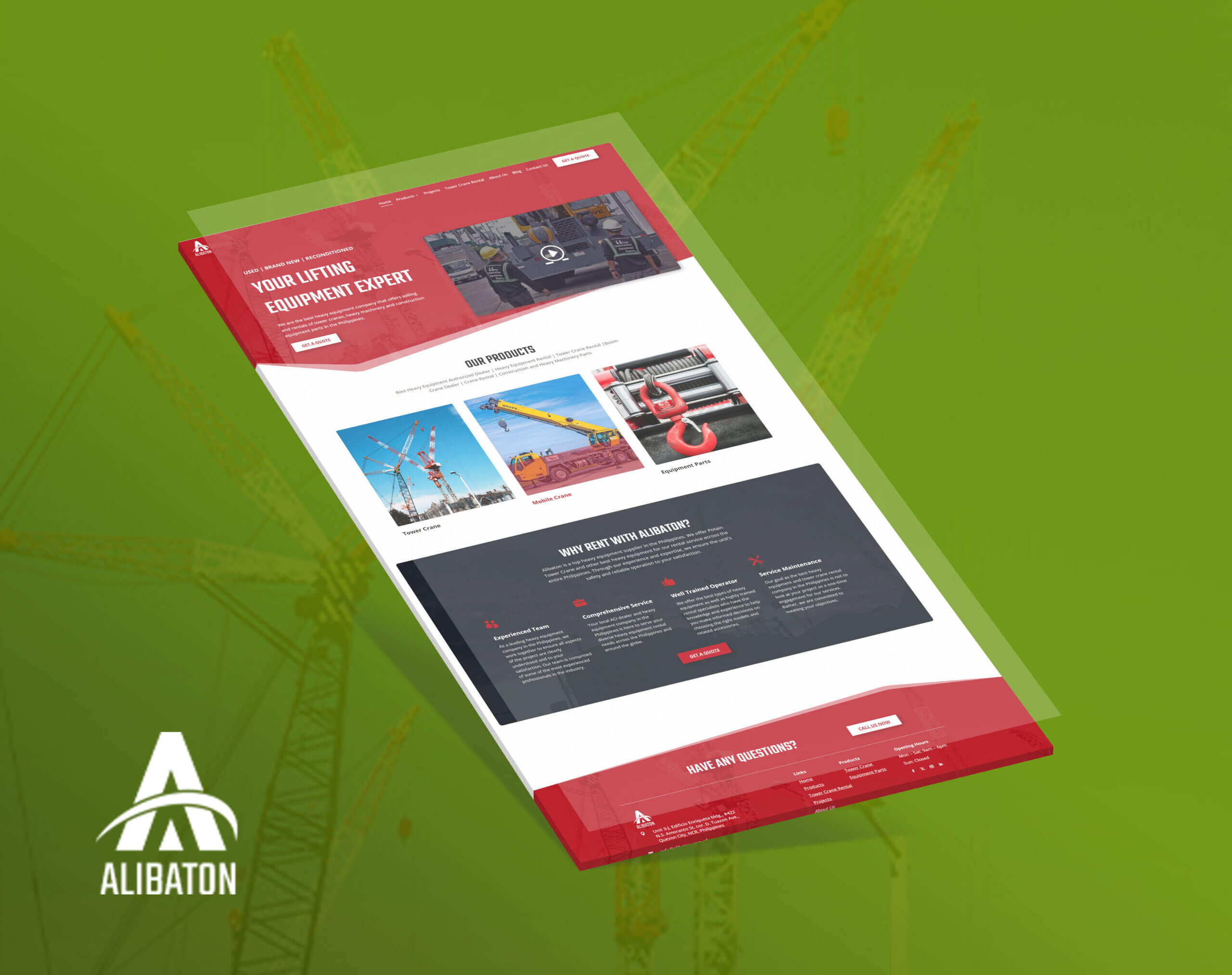 A 3D perspective mockup of the Alibaton website against a green crane background, showcasing its red and white design, heavy equipment products, and rental services.