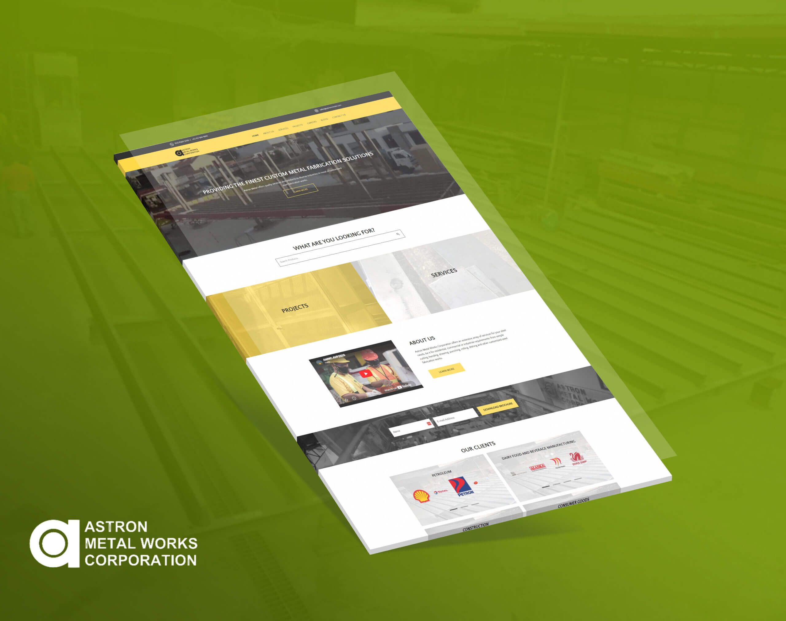 A mockup of the homepage of the website for Astron Metal Works Corporation displayed diagonally against a green background.
