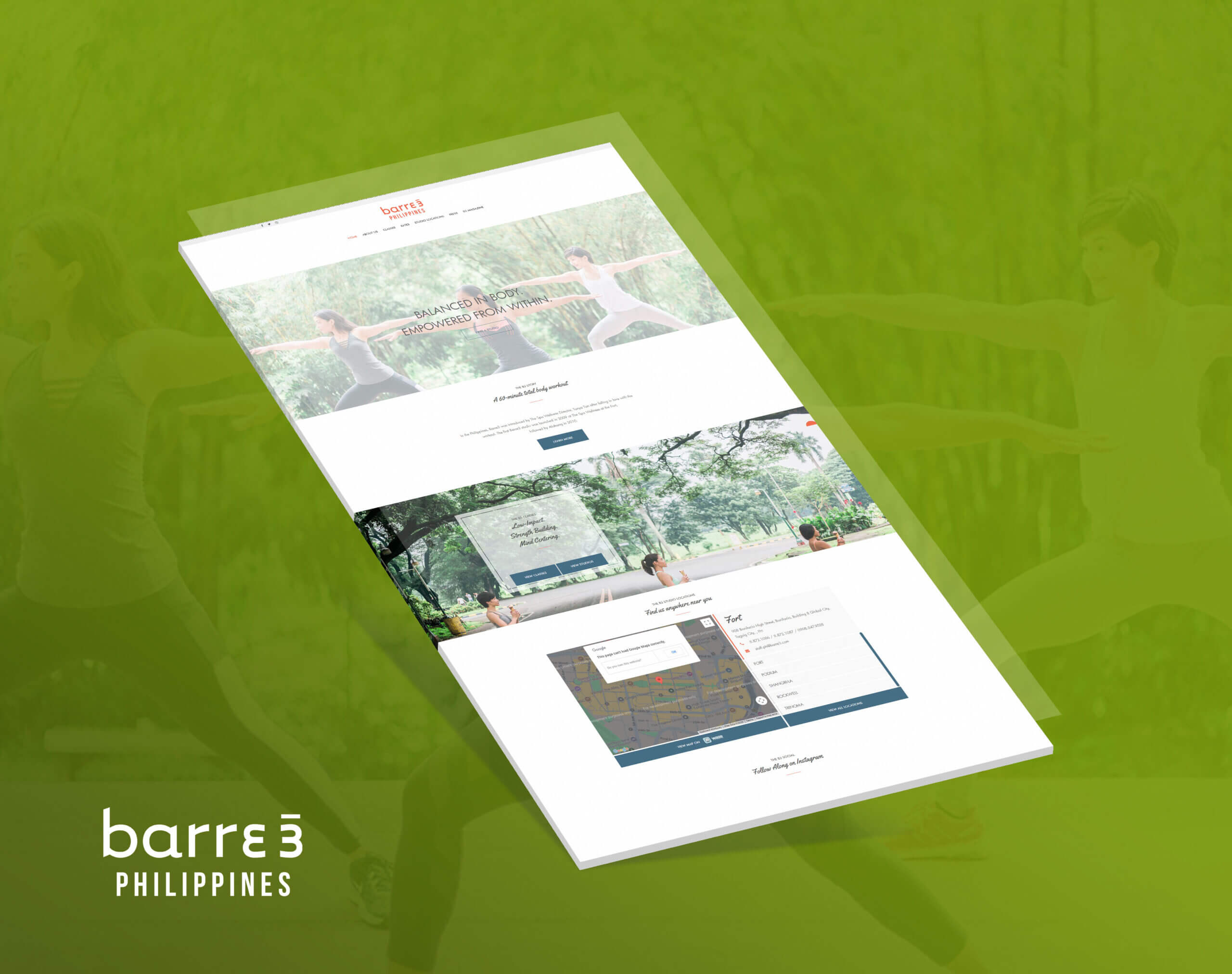 A mockup of the Barre3 Philippines website set against a green background showing a landing page with yoga poses and studio locations.