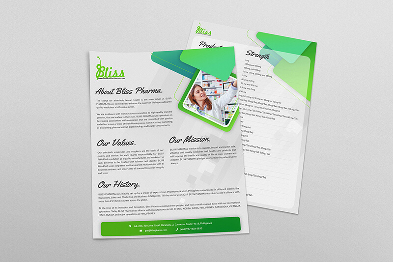Two stacked company profile pages for Bliss Pharma featuring green design elements, text about the company's values and history, and a small photo of a pharmacist.