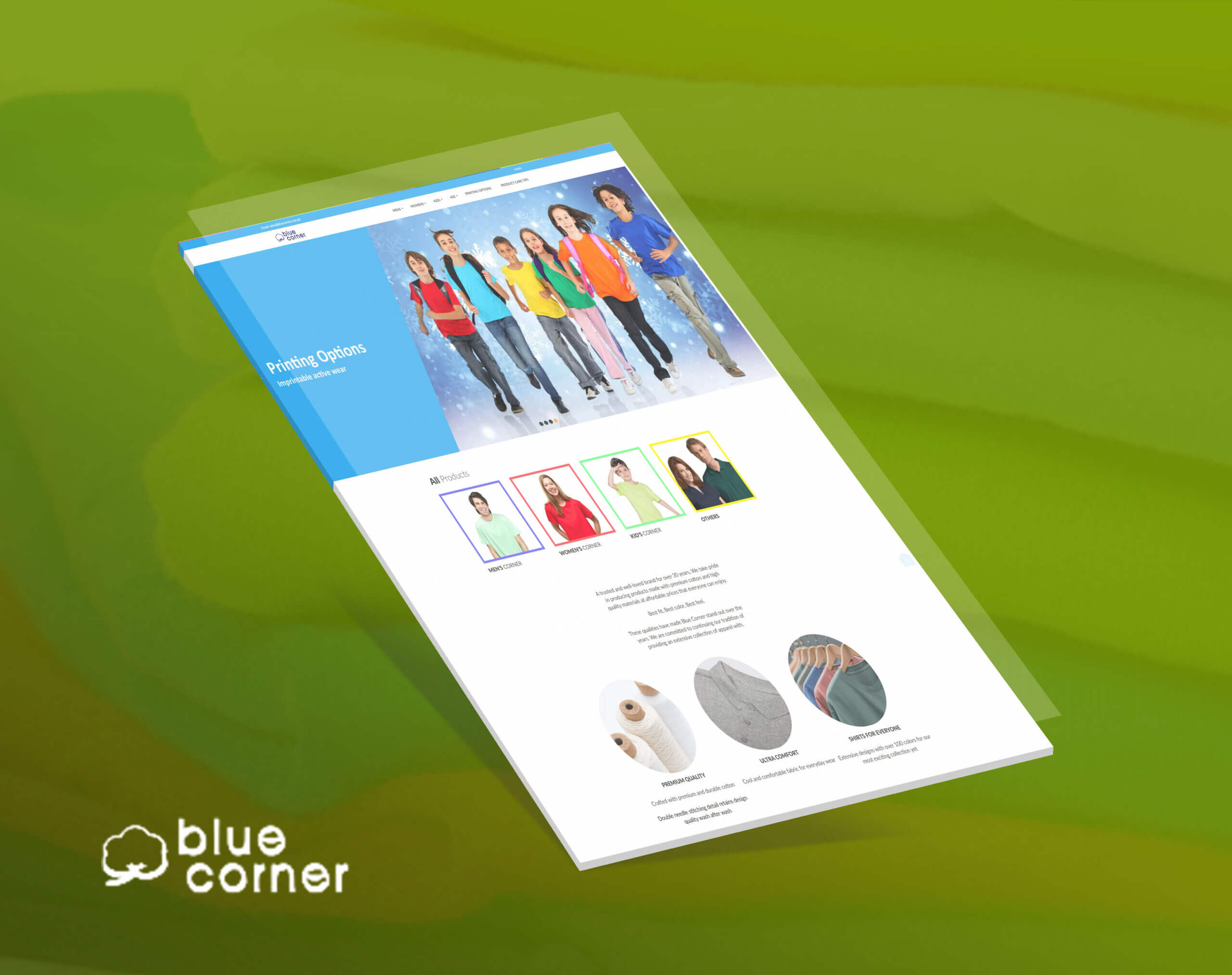 A tilted, top-down view of a printed paper featuring the homepage of the Blue Corner website against a blurred green background.
